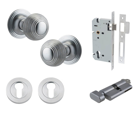 Iver Door Knob Guildford Round Rose Concealed Fix Key/Thumb Brushed Chrome Entrance Kit
