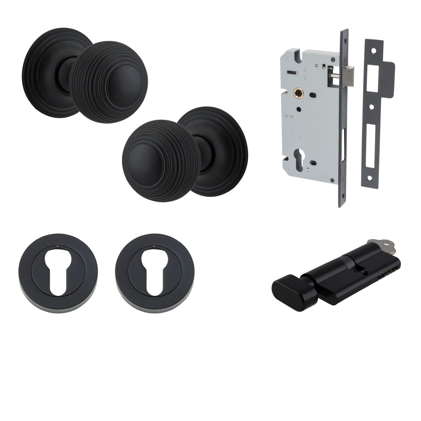 Iver Door Knob Guildford Round Rose Concealed Fix Key/Thumb Matt Black Entrance Kit
