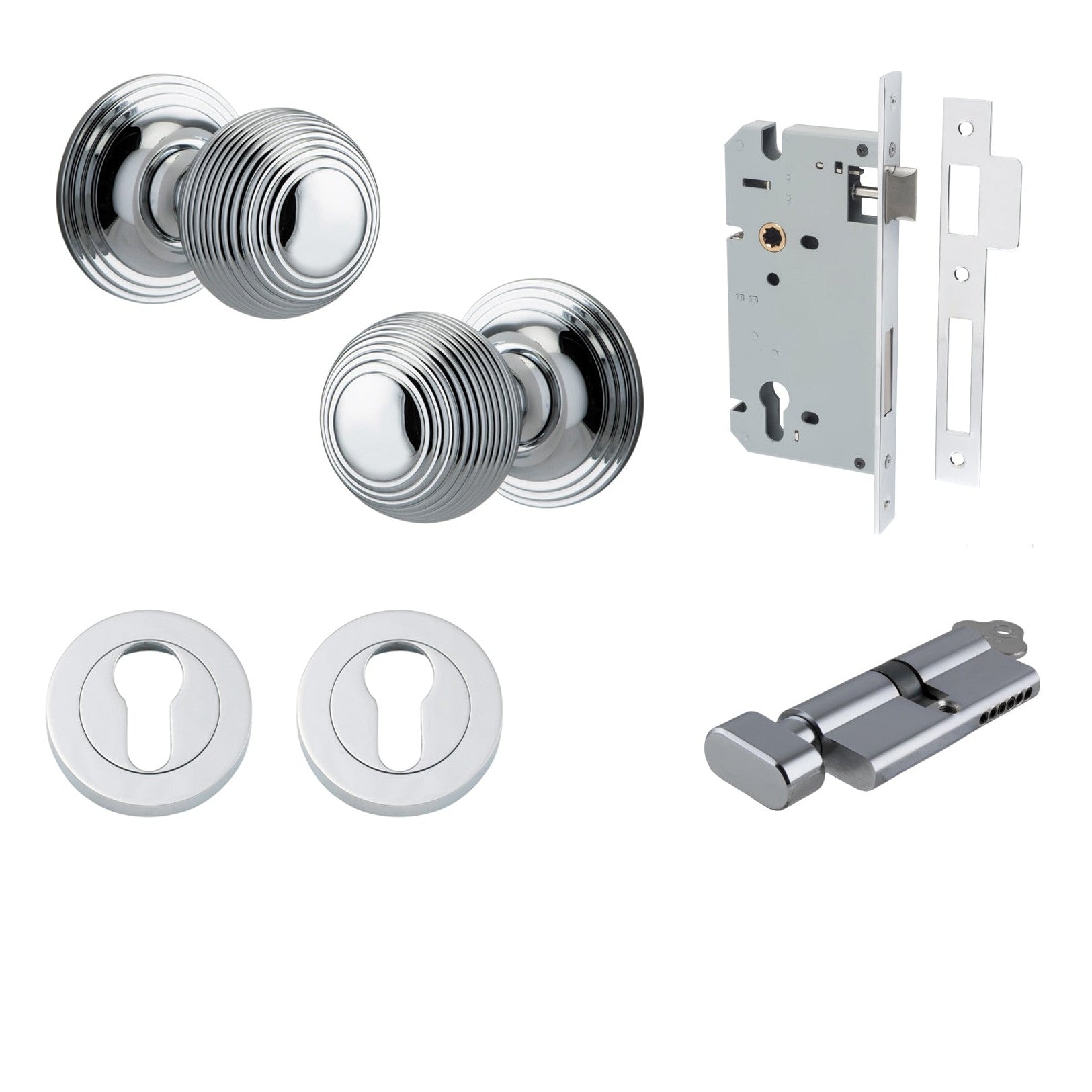 Iver Door Knob Guildford Round Rose Concealed Fix Key/Thumb Polished Chrome Entrance Kit