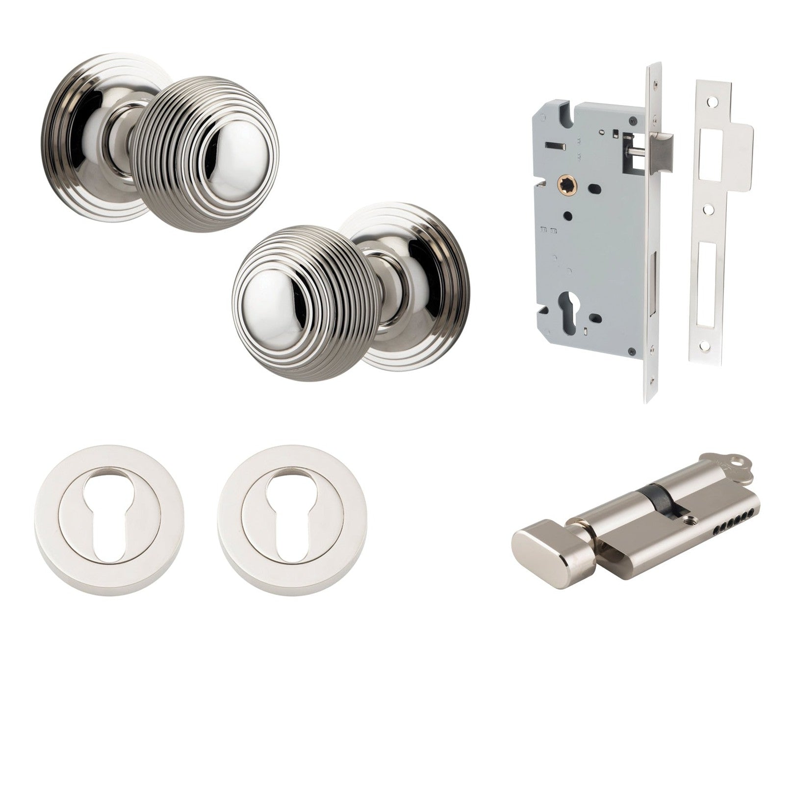 Iver Door Knob Guildford Round Rose Concealed Fix Key/Thumb Polished Nickel Entrance Kit