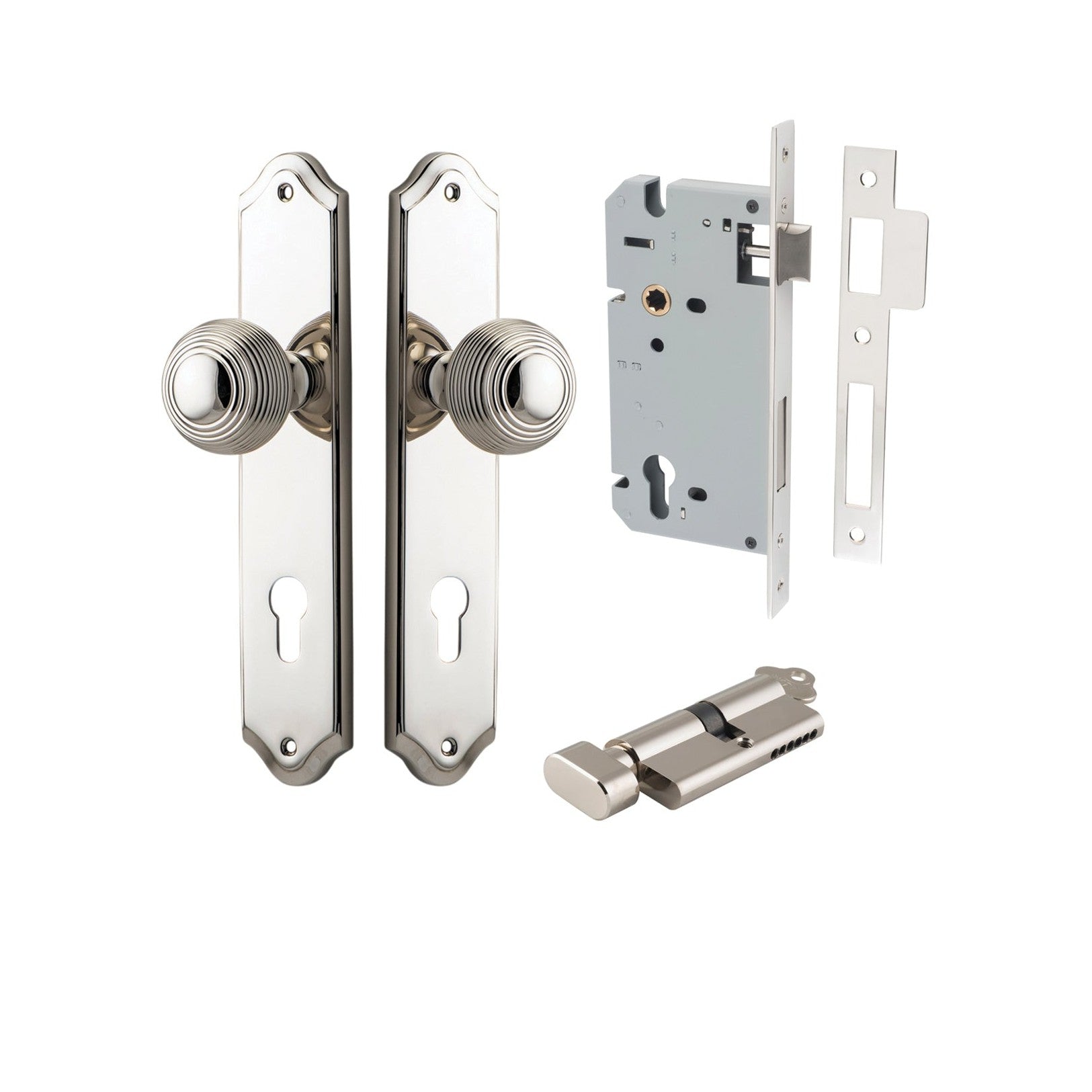 Iver Door Knob Guildford Shouldered Euro Key/Thumb Polished Nickel Entrance Kit