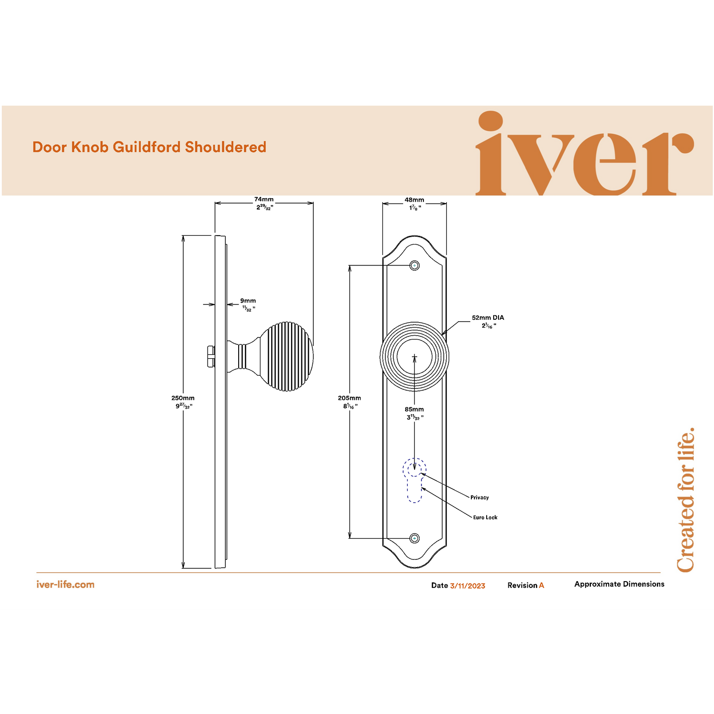 Iver Door Knob Guildford Shouldered Privacy Distressed Nickel Inbuilt Privacy Kit