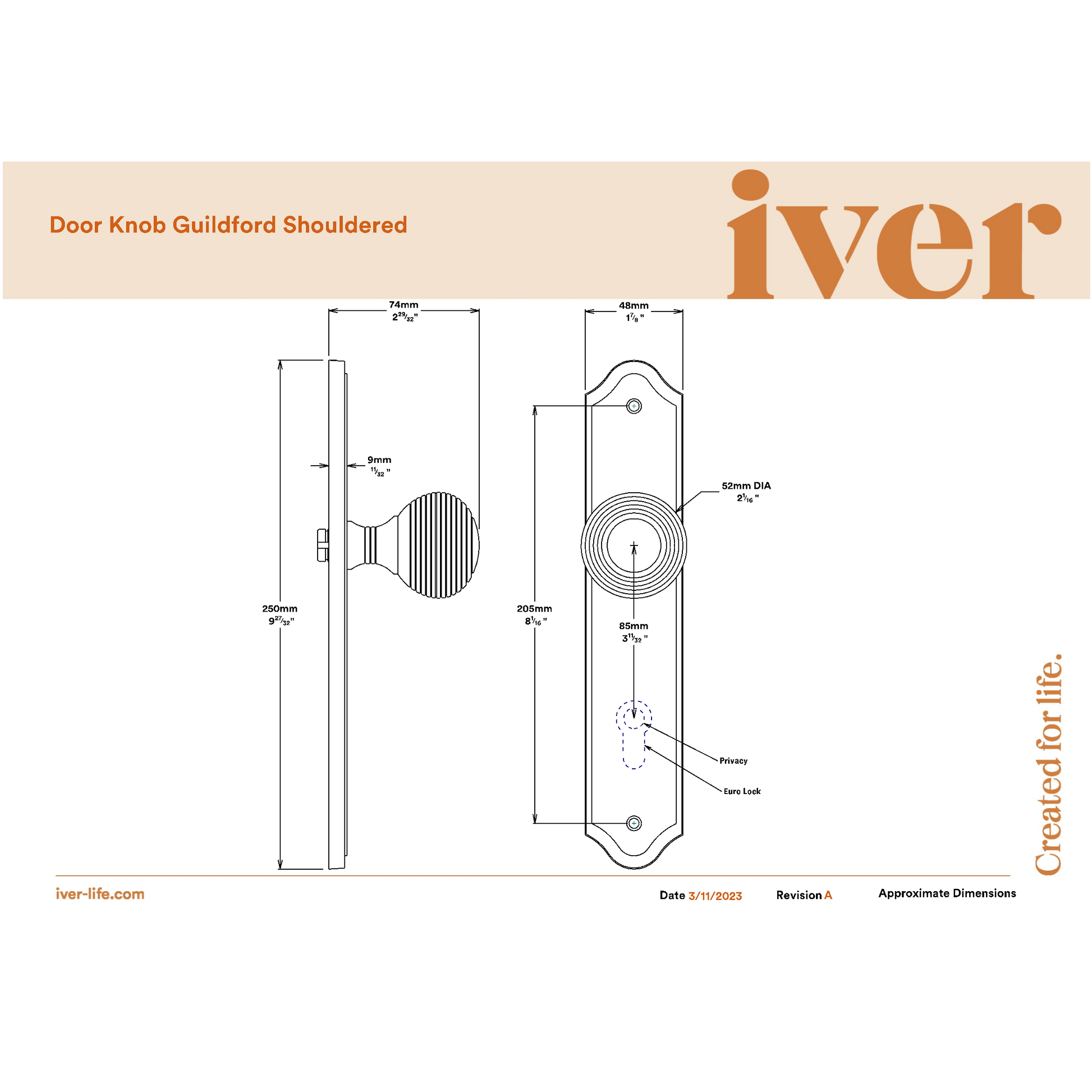 Iver Door Knob Guildford Shouldered Privacy Distressed Nickel Inbuilt Privacy Kit
