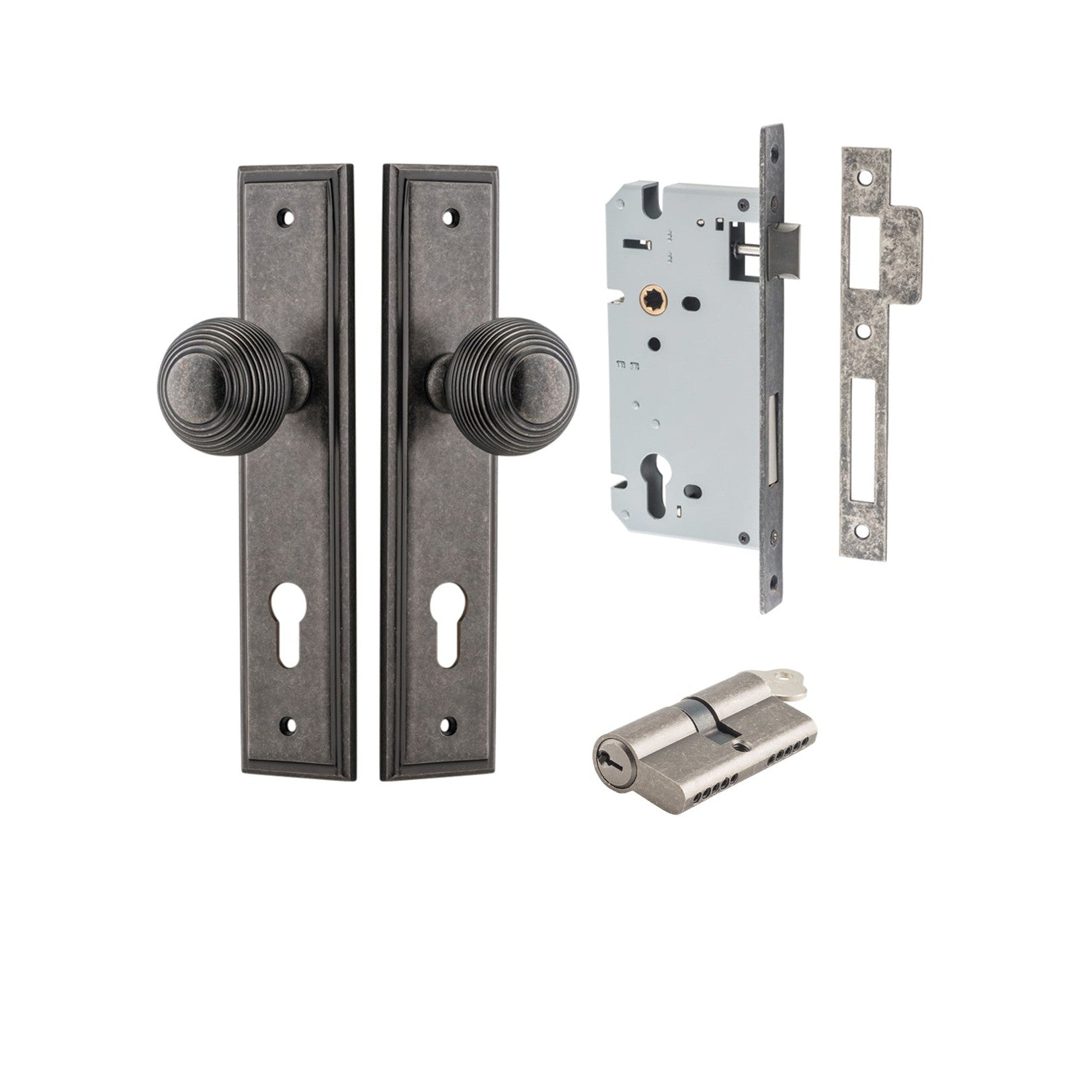 Iver Door Knob Guildford Stepped Euro Key/Key Distressed Nickel Entrance Kit