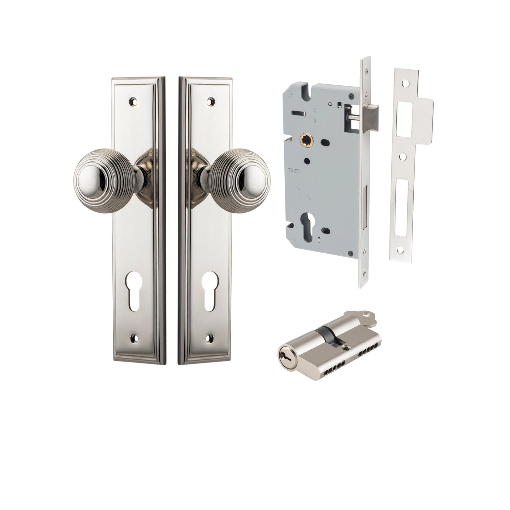 Iver Door Knob Guildford Stepped Euro Key/Key Polished Nickel Entrance Kit