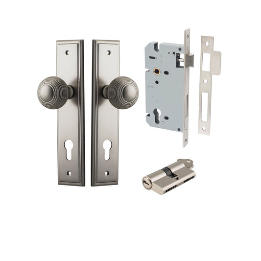 Iver Door Knob Guildford Stepped Euro Key/Key Satin Nickel Entrance Kit