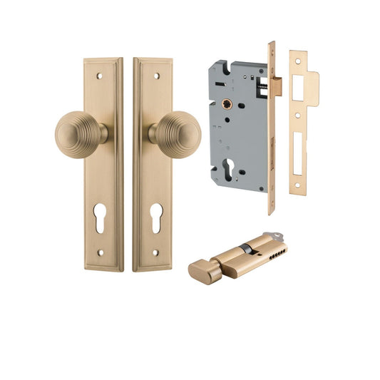 Iver Door Knob Guildford Stepped Euro Key/Thumb Brushed Brass Entrance Kit