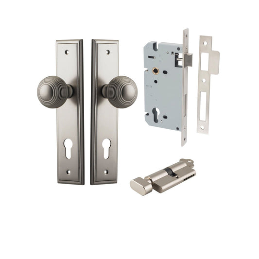 Iver Door Knob Guildford Stepped Euro Key/Thumb Satin Nickel Entrance Kit