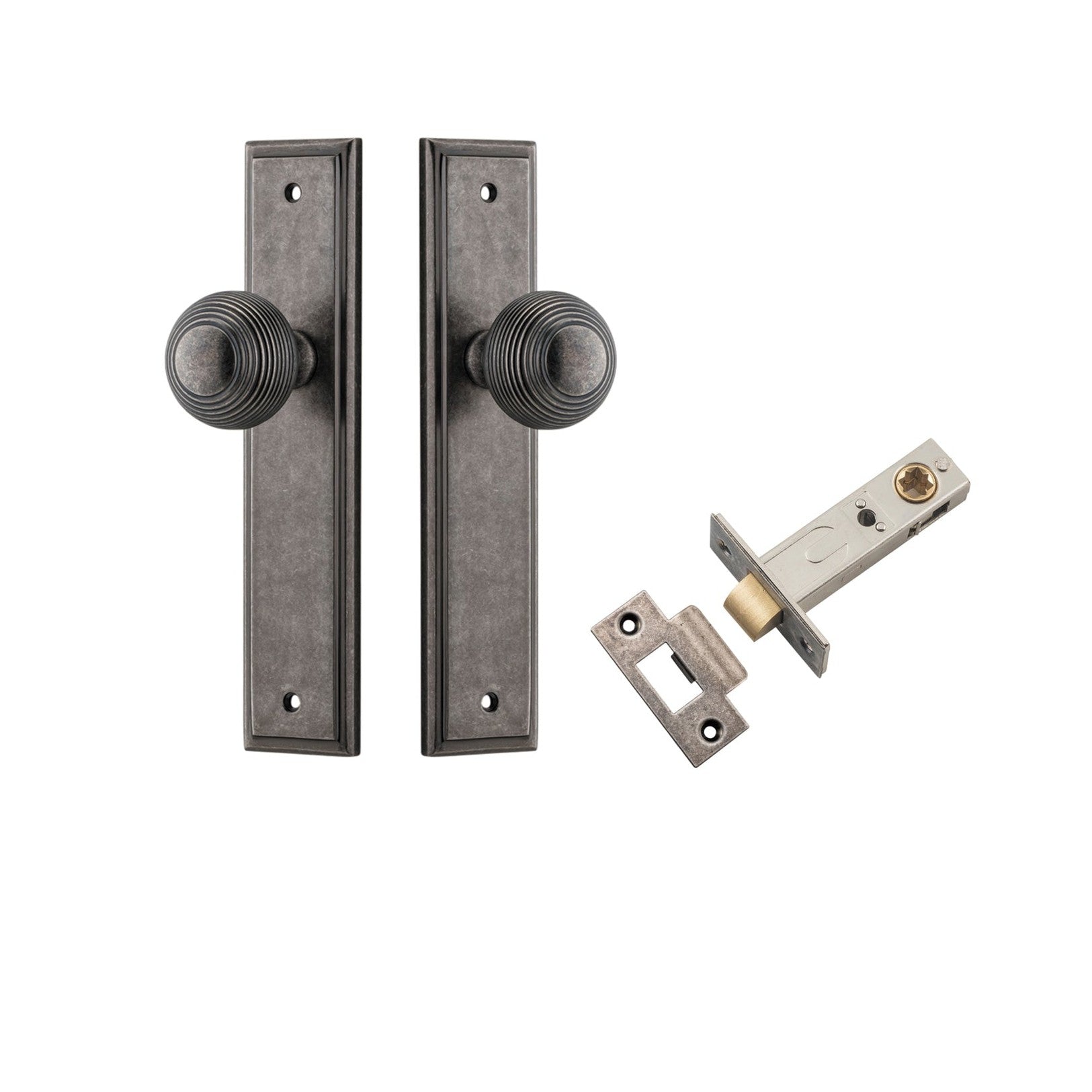 Iver Door Knob Guildford Stepped Latch Distressed Nickel Passage Kit