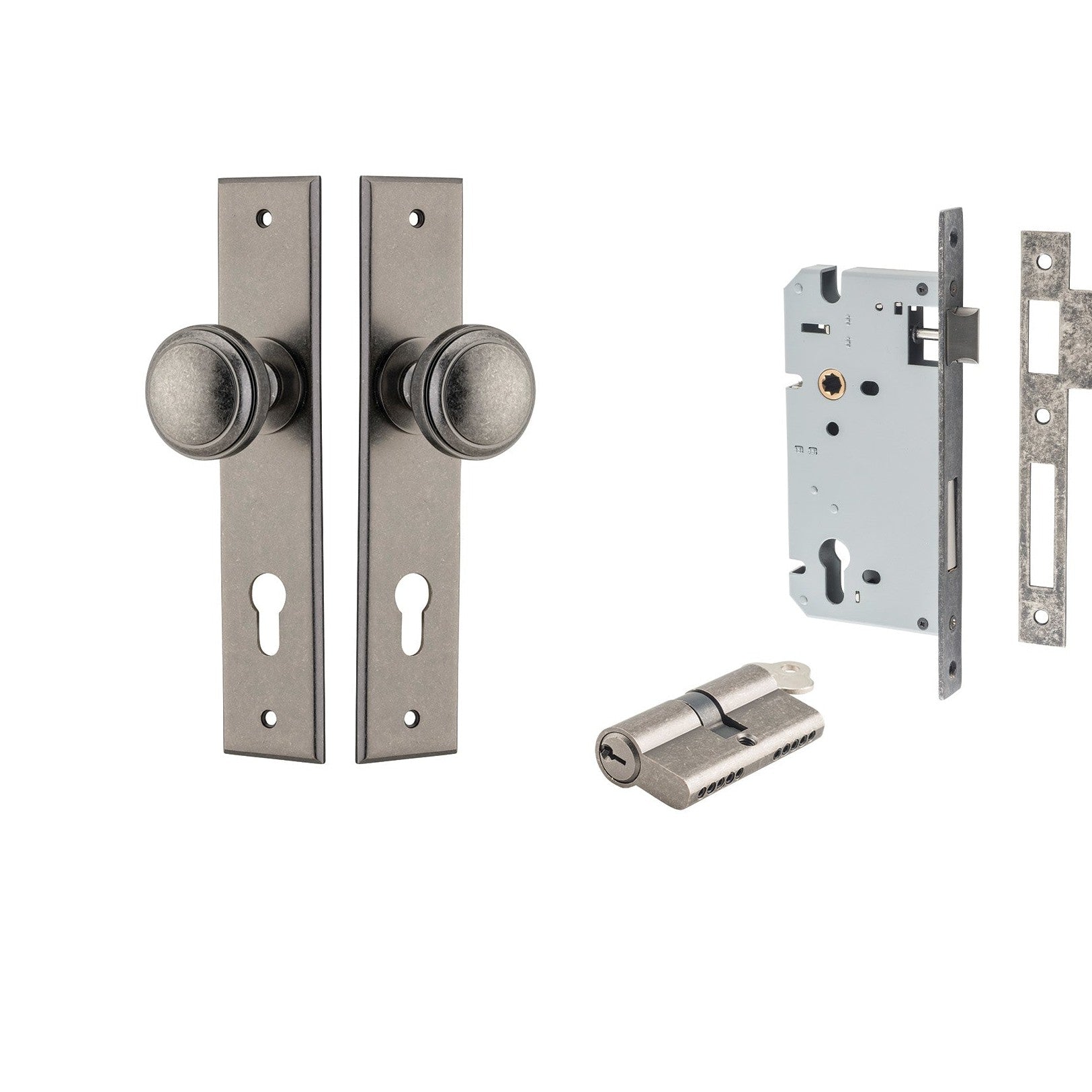 Iver Door Knob Paddington Chamfered Key/Key Distressed Nickel Entrance Kit