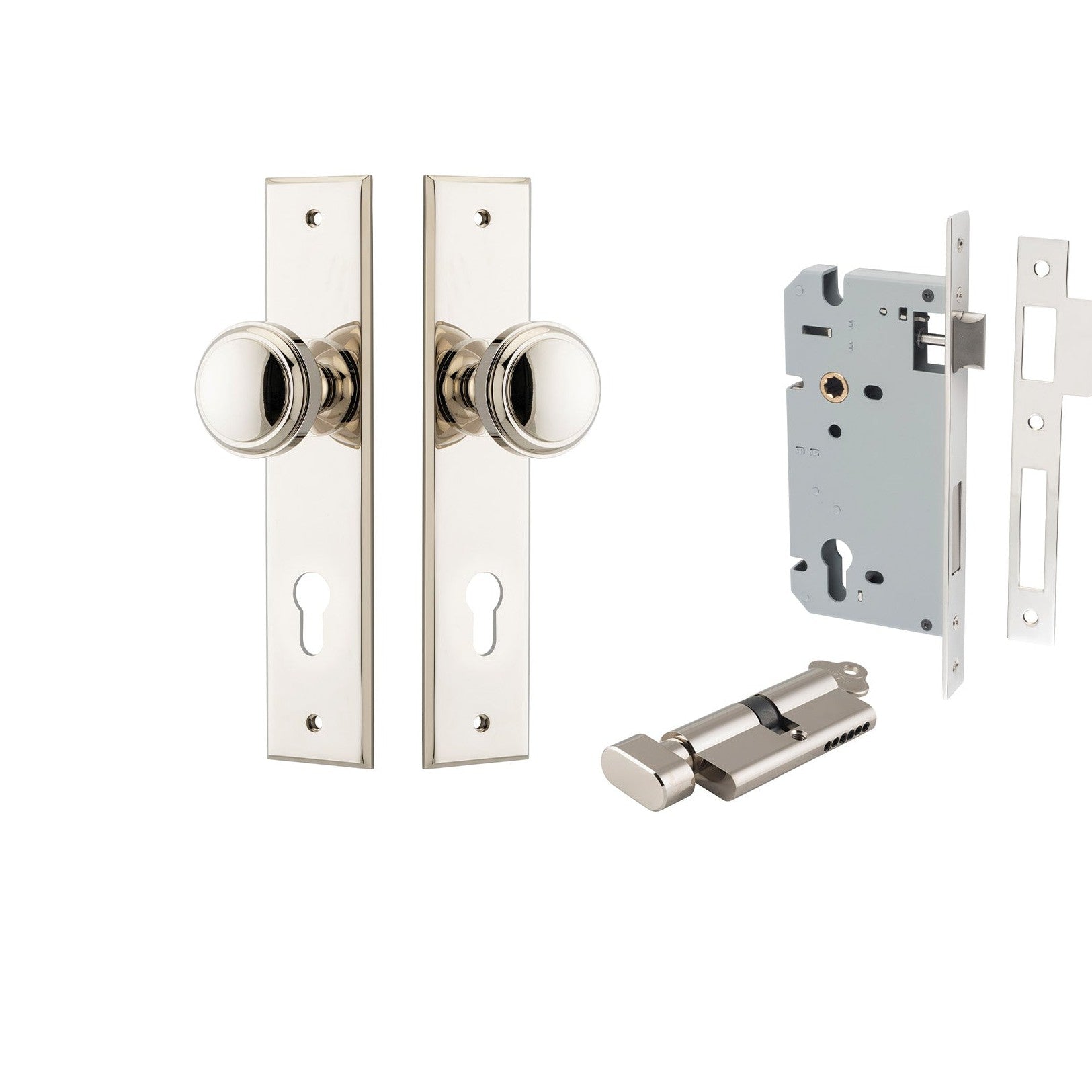 Iver Door Knob Paddington Chamfered Key/Thumb Polished Nickel Entrance Kit