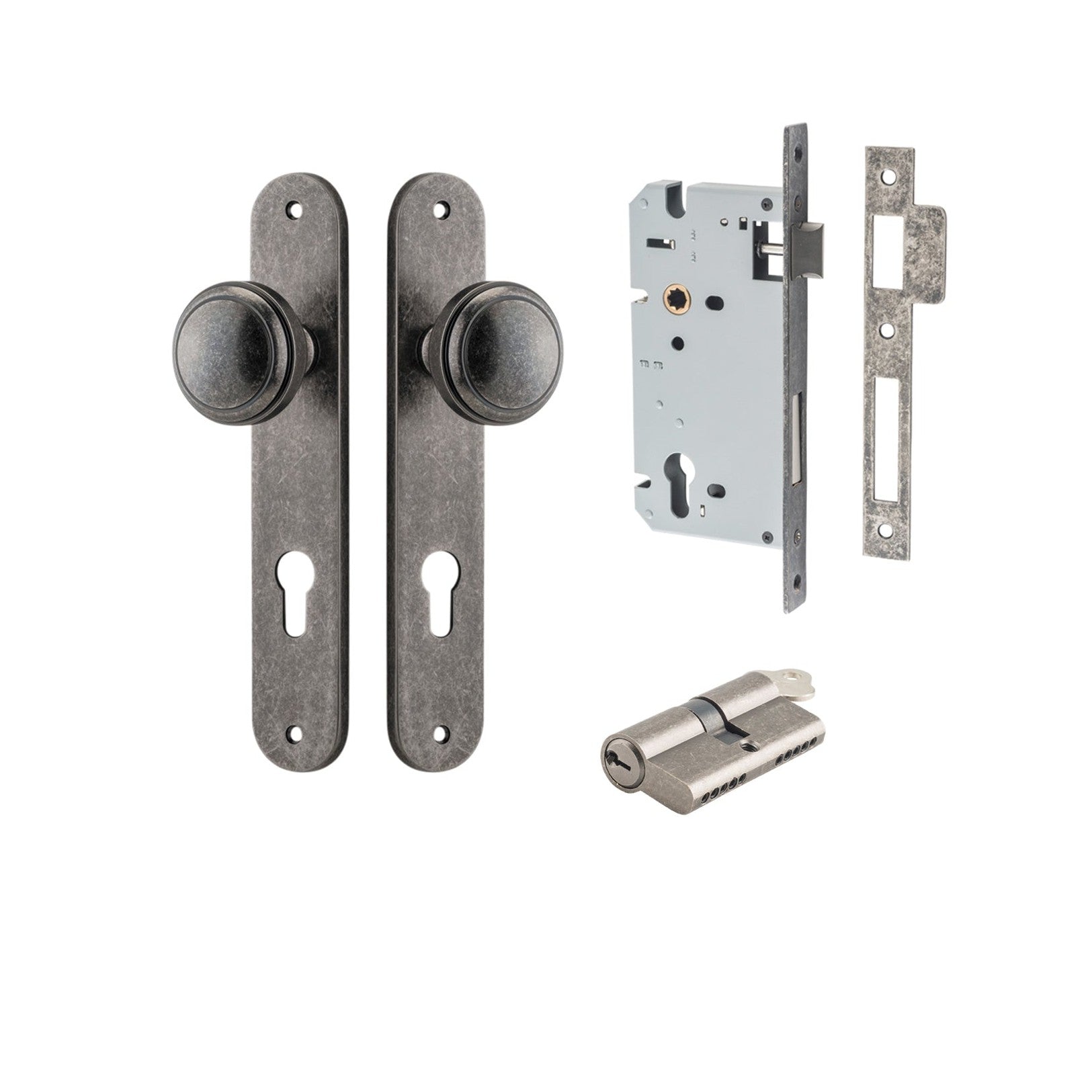 Iver Door Knob Paddington Oval Euro Key/Key Distressed Nickel Entrance Kit