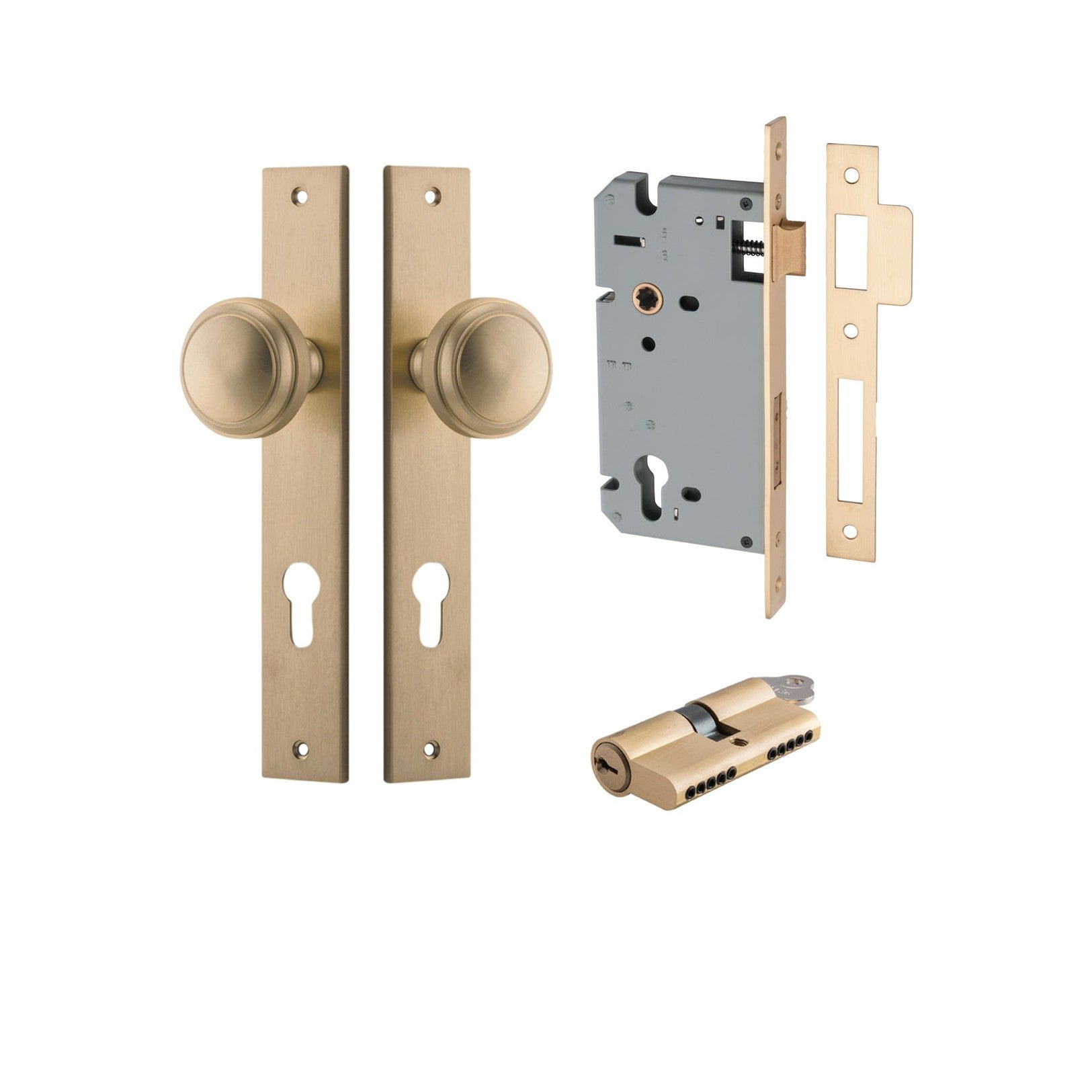 Iver Door Knob Paddington Rectangular Euro Key/Key Brushed Brass Entrance Kit