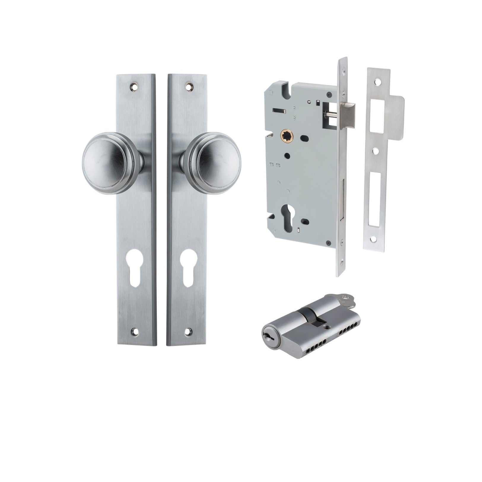 Iver Door Knob Paddington Rectangular Euro Key/Key Brushed Chrome Entrance Kit