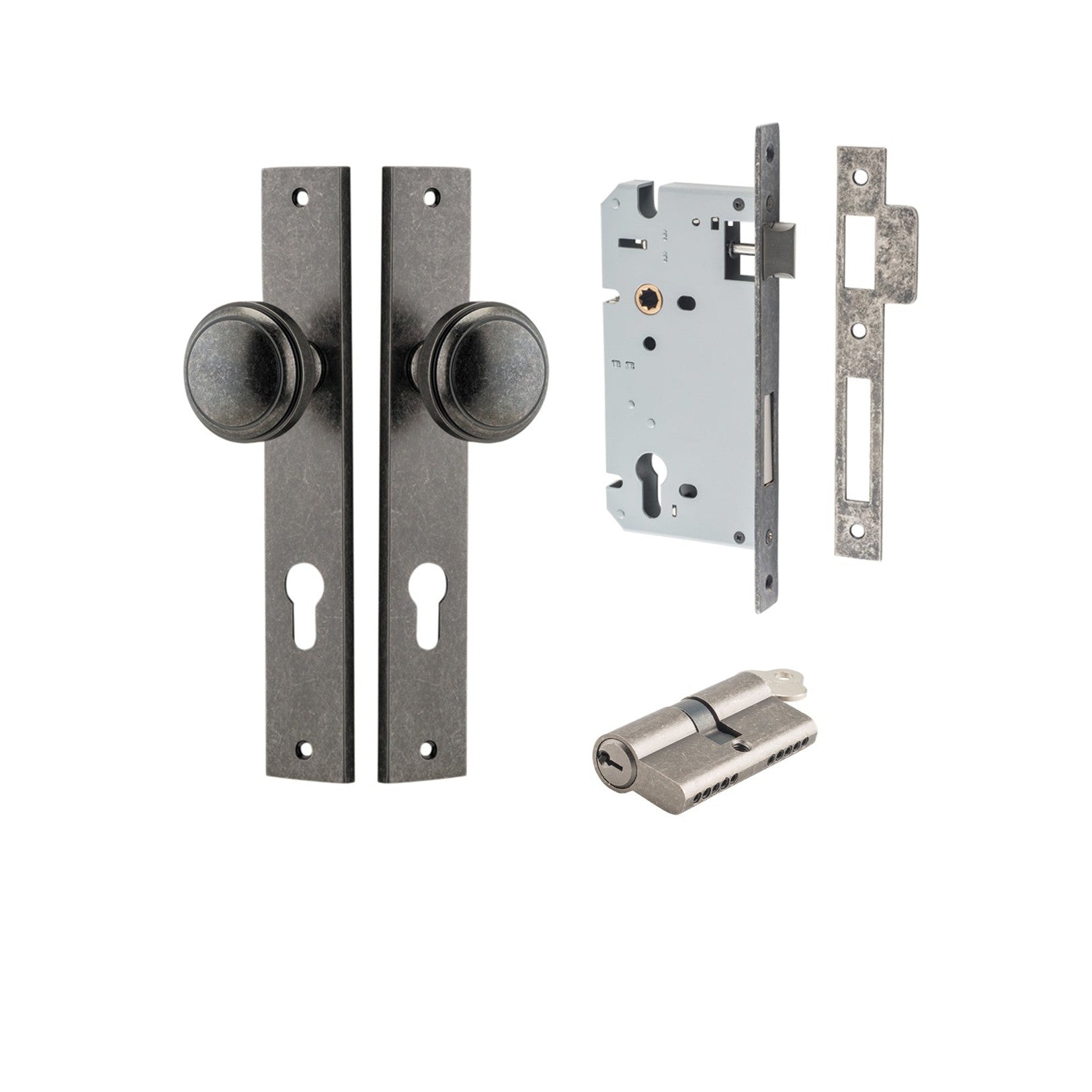 Iver Door Knob Paddington Rectangular Euro Key/Key Distressed Nickel Entrance Kit