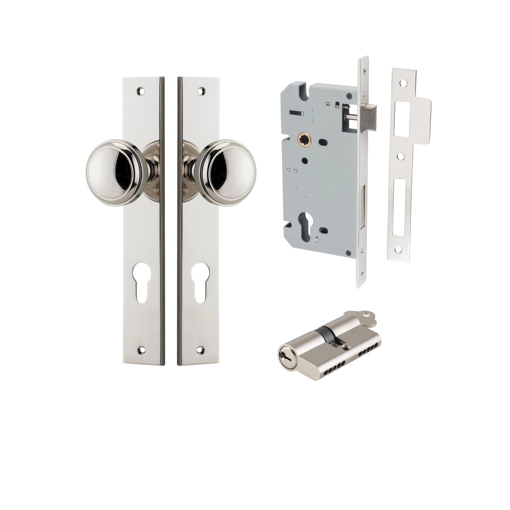 Iver Door Knob Paddington Rectangular Euro Key/Key Polished Nickel Entrance Kit