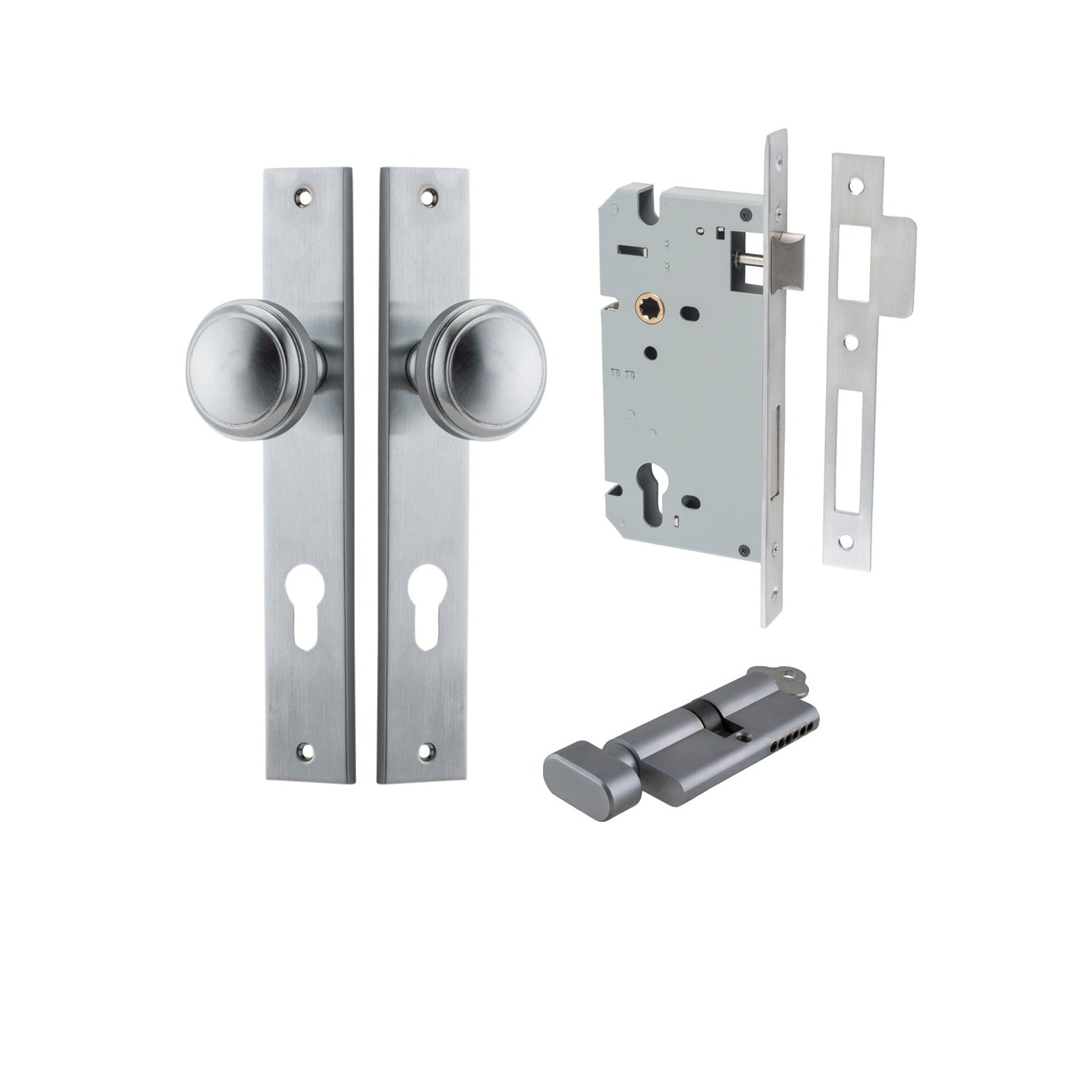 Iver Door Knob Paddington Rectangular Euro Key/Thumb Brushed Chrome Entrance Kit