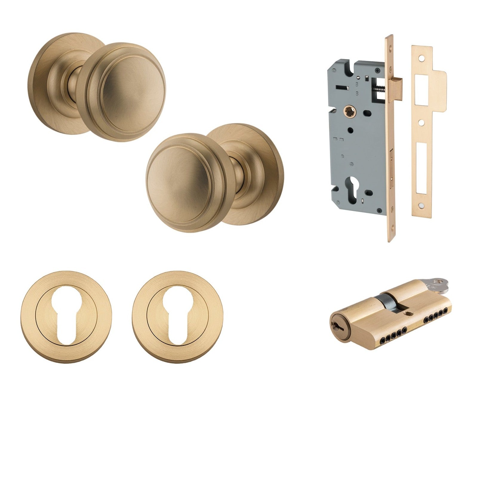 Iver Door Knob Paddington Round Rose Concealed Fix Key/Key Brushed Brass Entrance Kit