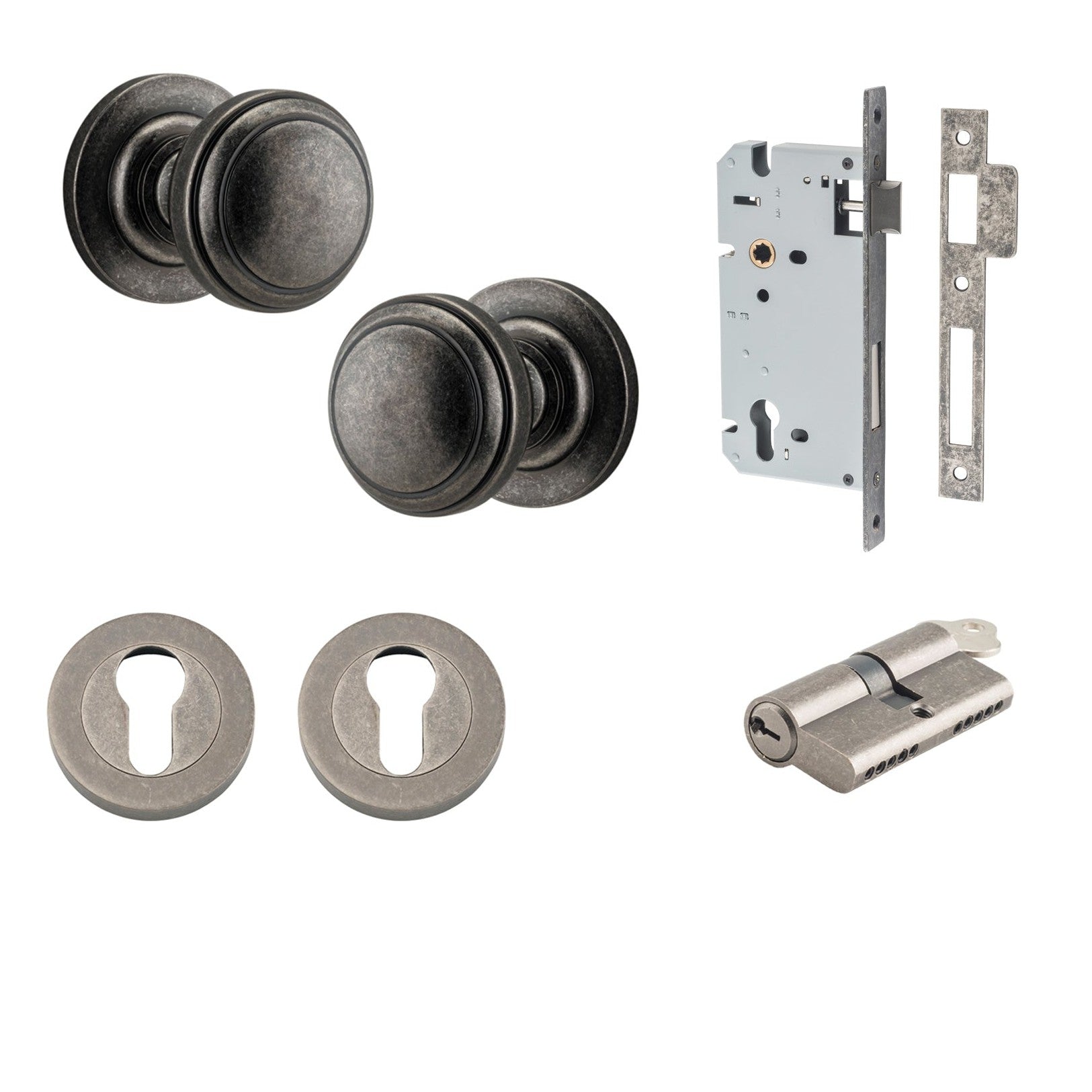 Iver Door Knob Paddington Round Rose Concealed Fix Key/Key Distressed Nickel Entrance Kit