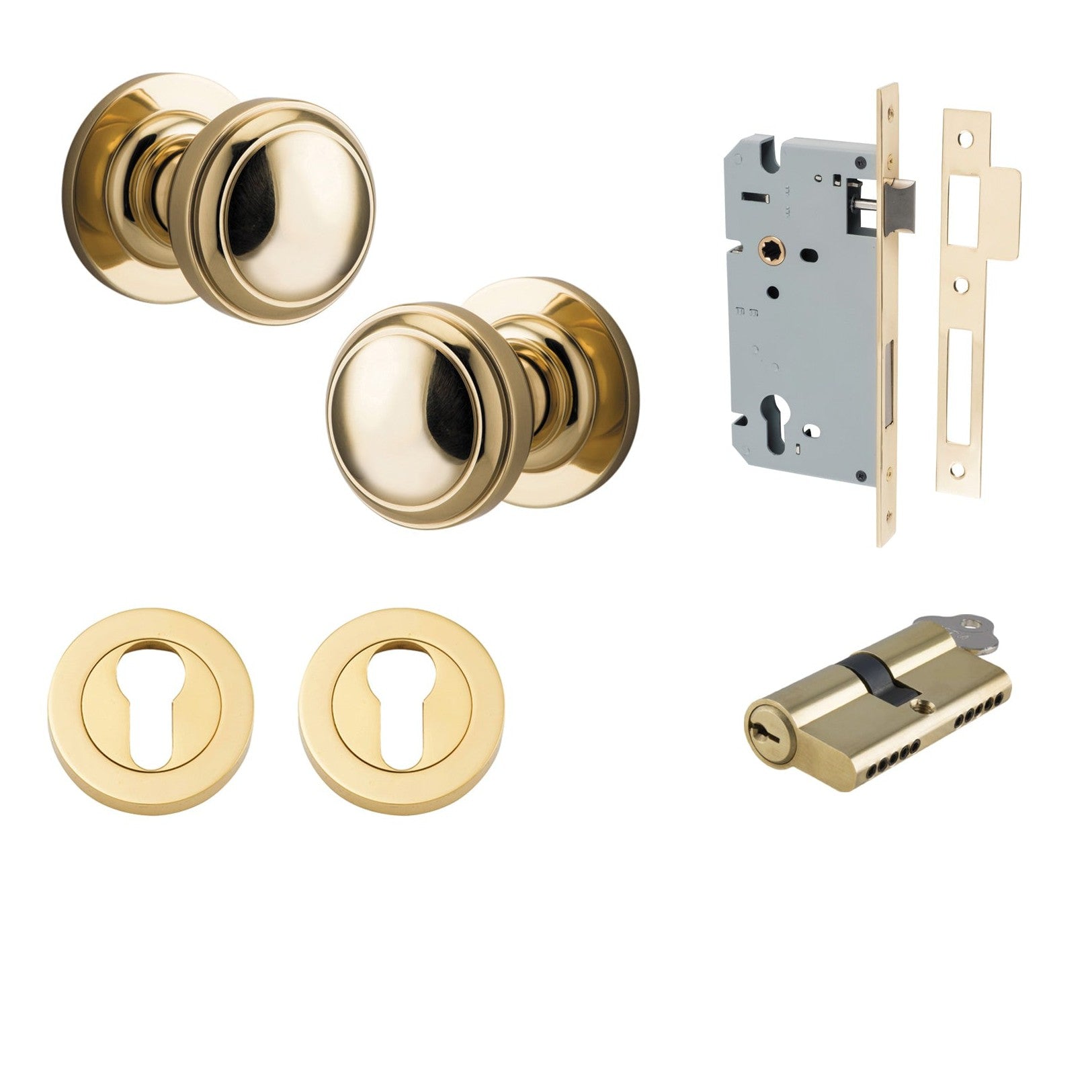 Iver Door Knob Paddington Round Rose Concealed Fix Key/Key Polished Brass Entrance Kit