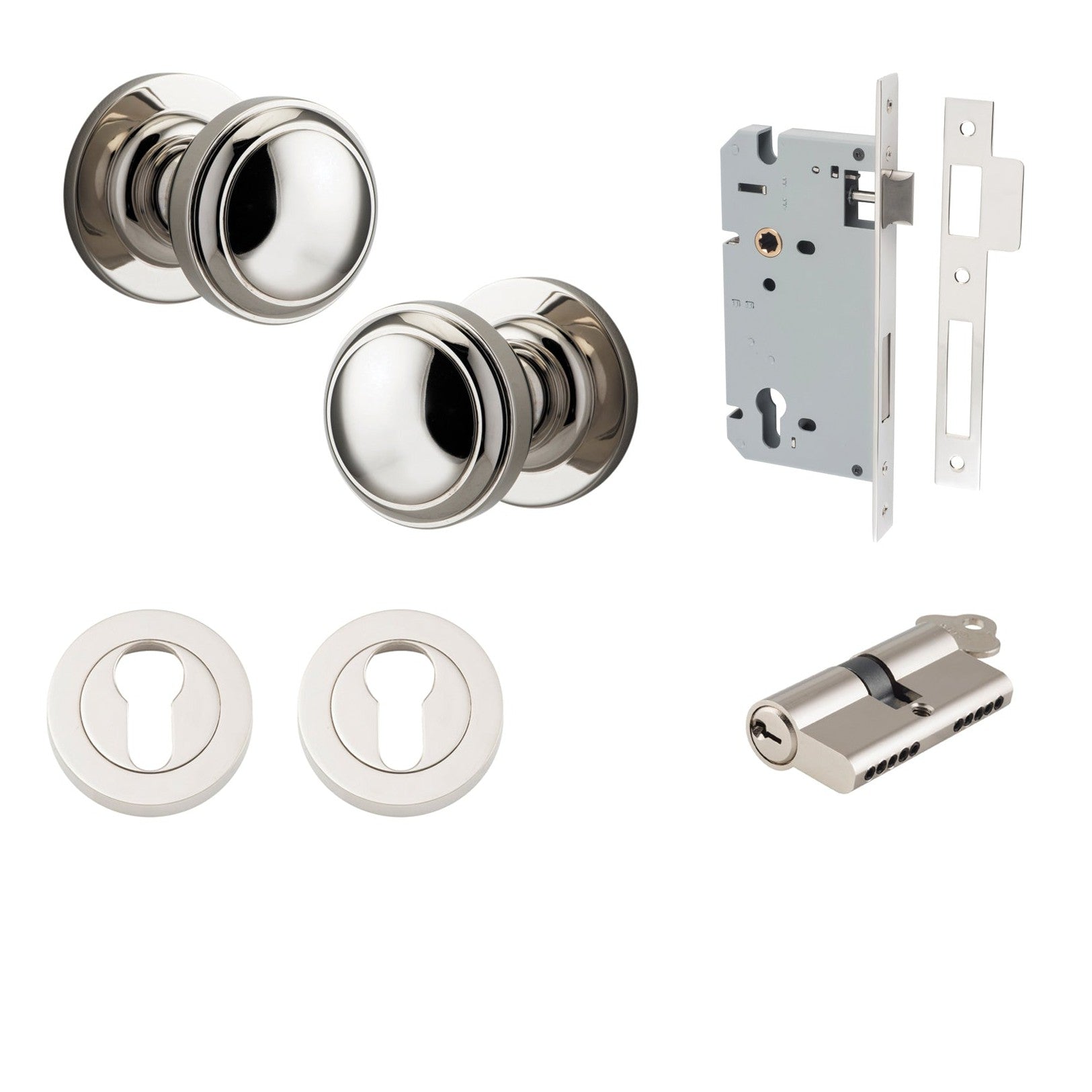 Iver Door Knob Paddington Round Rose Concealed Fix Key/Key Polished Nickel Entrance Kit