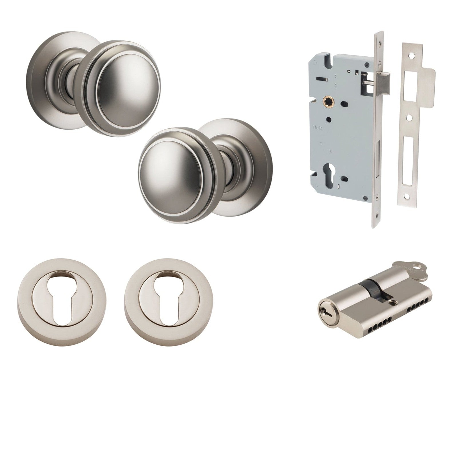 Iver Door Knob Paddington Round Rose Concealed Fix Key/Key Satin Nickel Entrance Kit