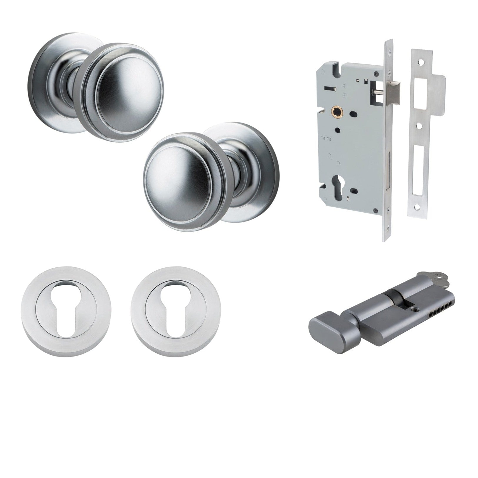 Iver Door Knob Paddington Round Rose Concealed Fix Key/Thumb Brushed Chrome Entrance Kit