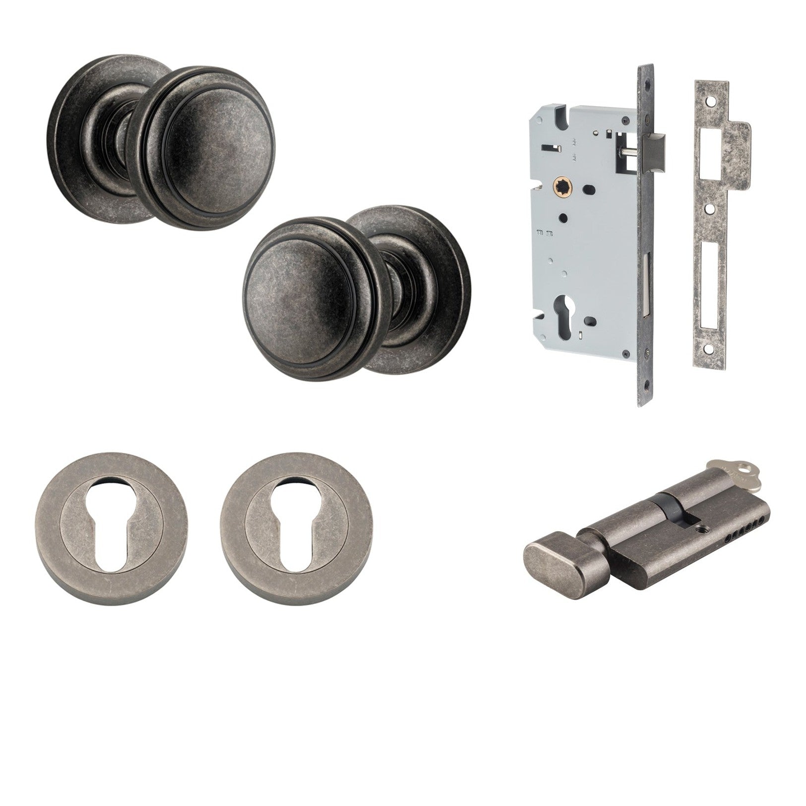 Iver Door Knob Paddington Round Rose Concealed Fix Key/Thumb Distressed Nickel Entrance Kit