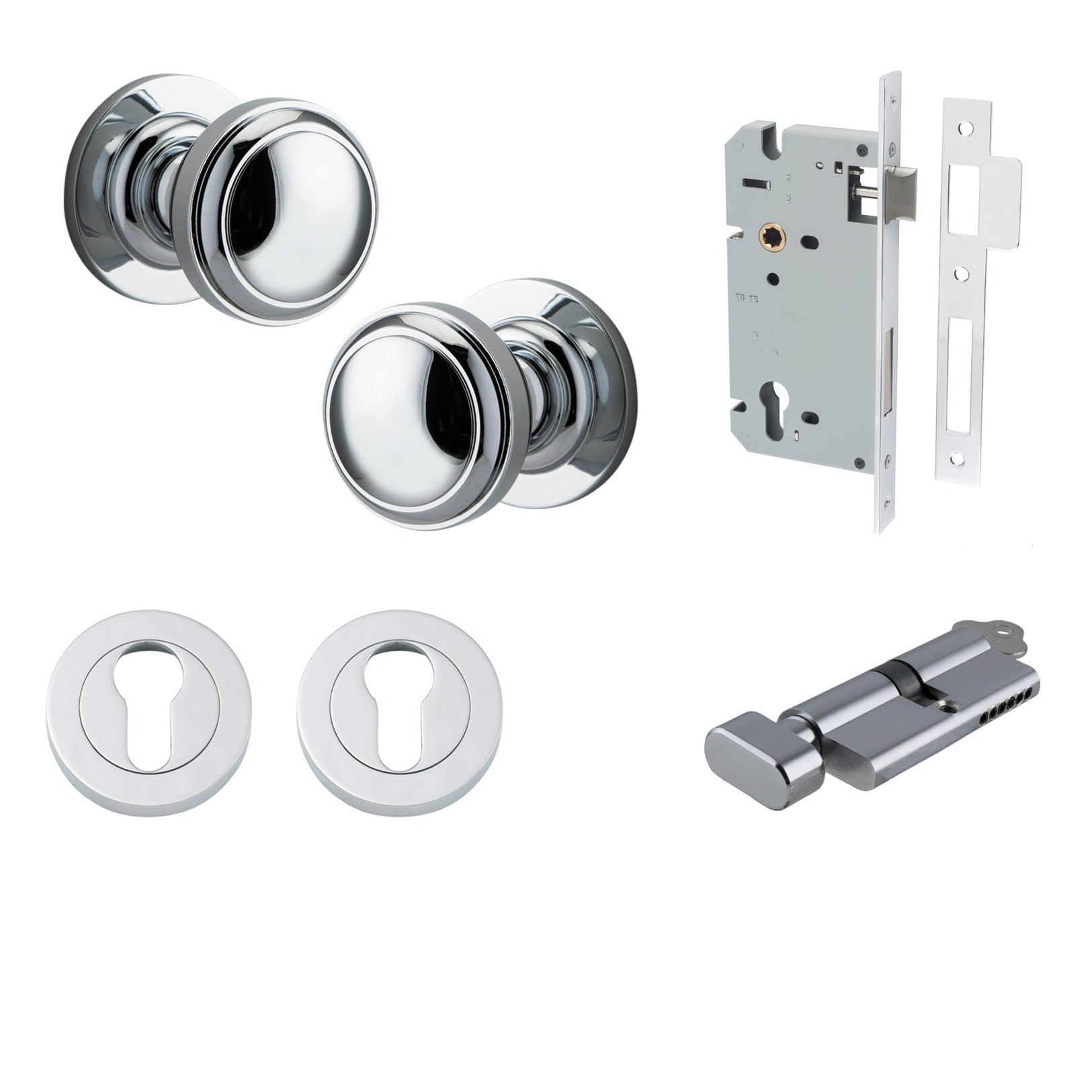 Iver Door Knob Paddington Round Rose Concealed Fix Key/Thumb Polished Chrome Entrance Kit