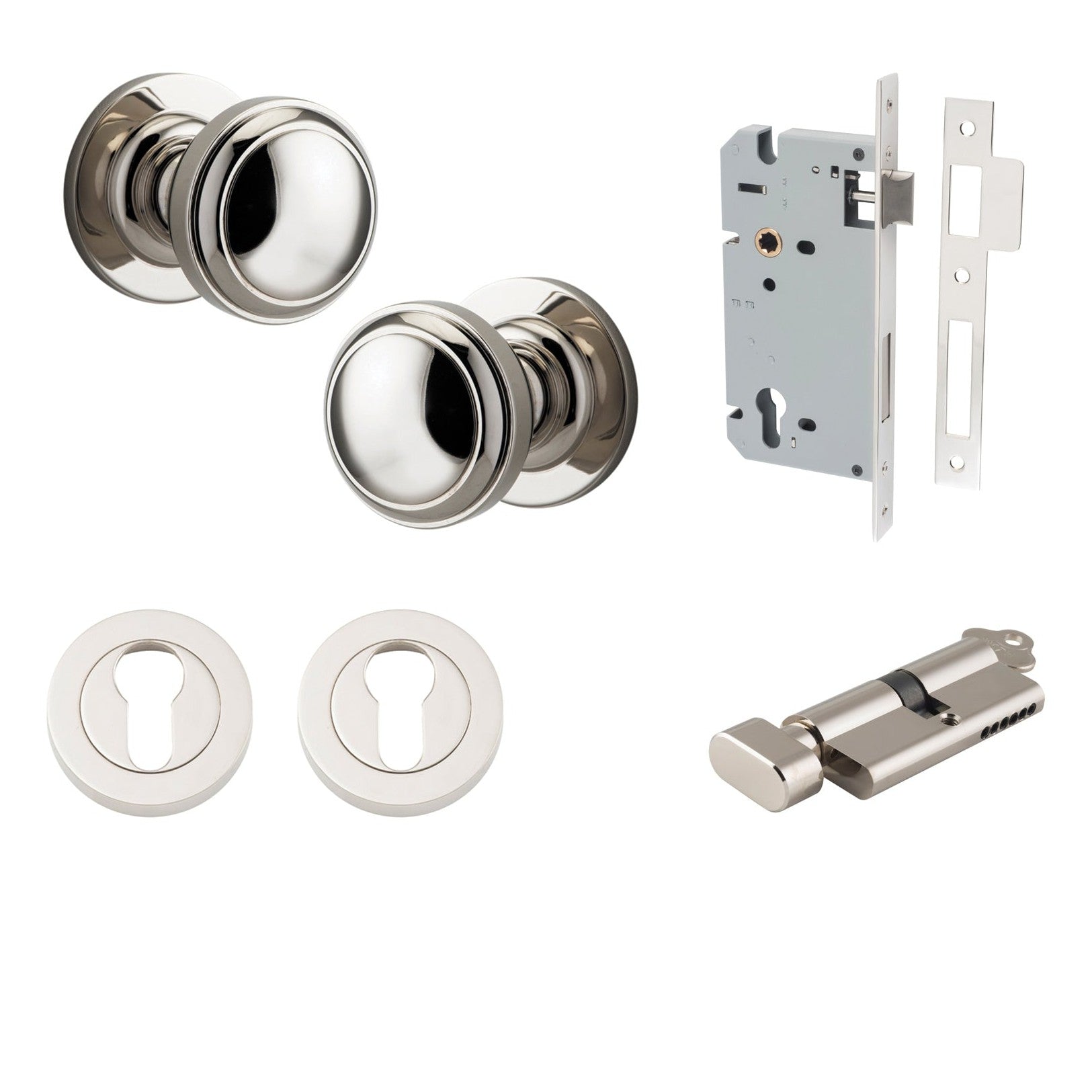 Iver Door Knob Paddington Round Rose Concealed Fix Key/Thumb Polished Nickel Entrance Kit