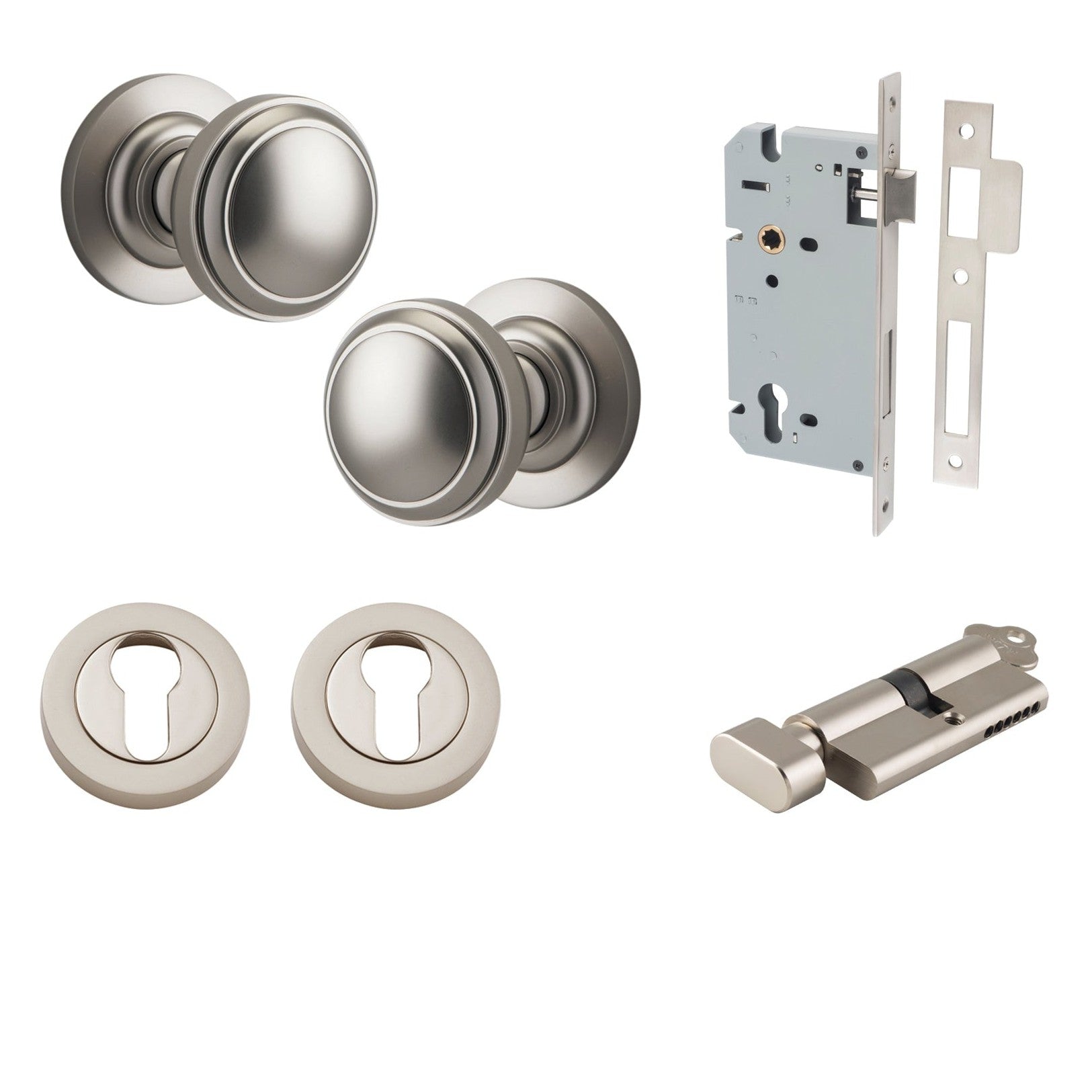 Iver Door Knob Paddington Round Rose Concealed Fix Key/Thumb Satin Nickel Entrance Kit