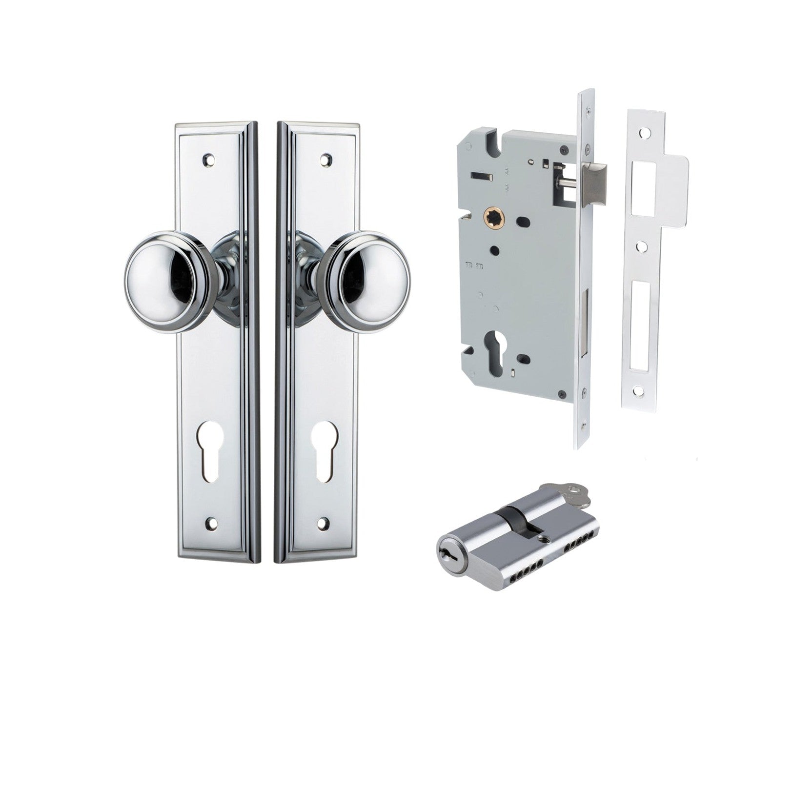 Iver Door Knob Paddington Stepped Euro Key/Key Polished Chrome Entrance Kit