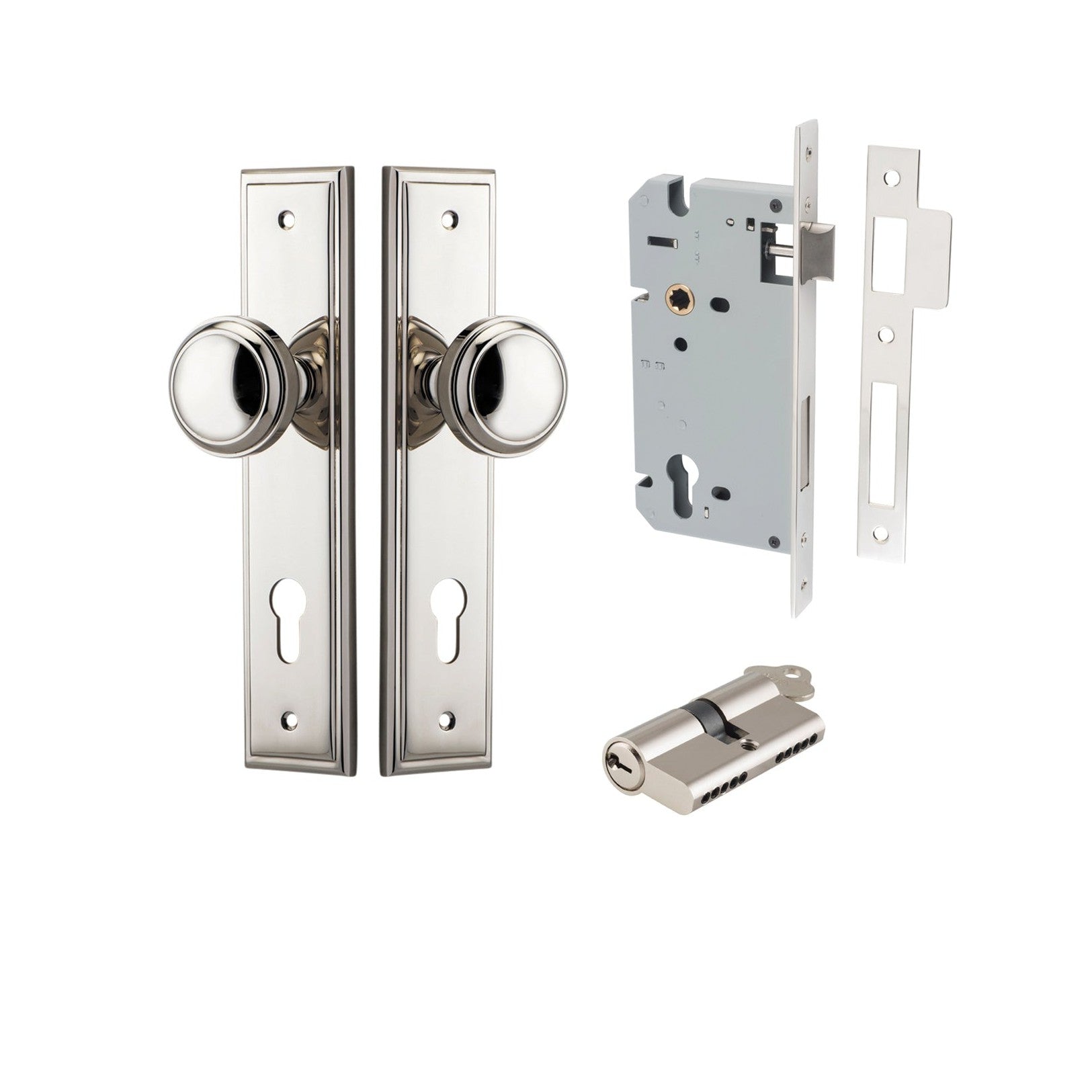 Iver Door Knob Paddington Stepped Euro Key/Key Polished Nickel Entrance Kit