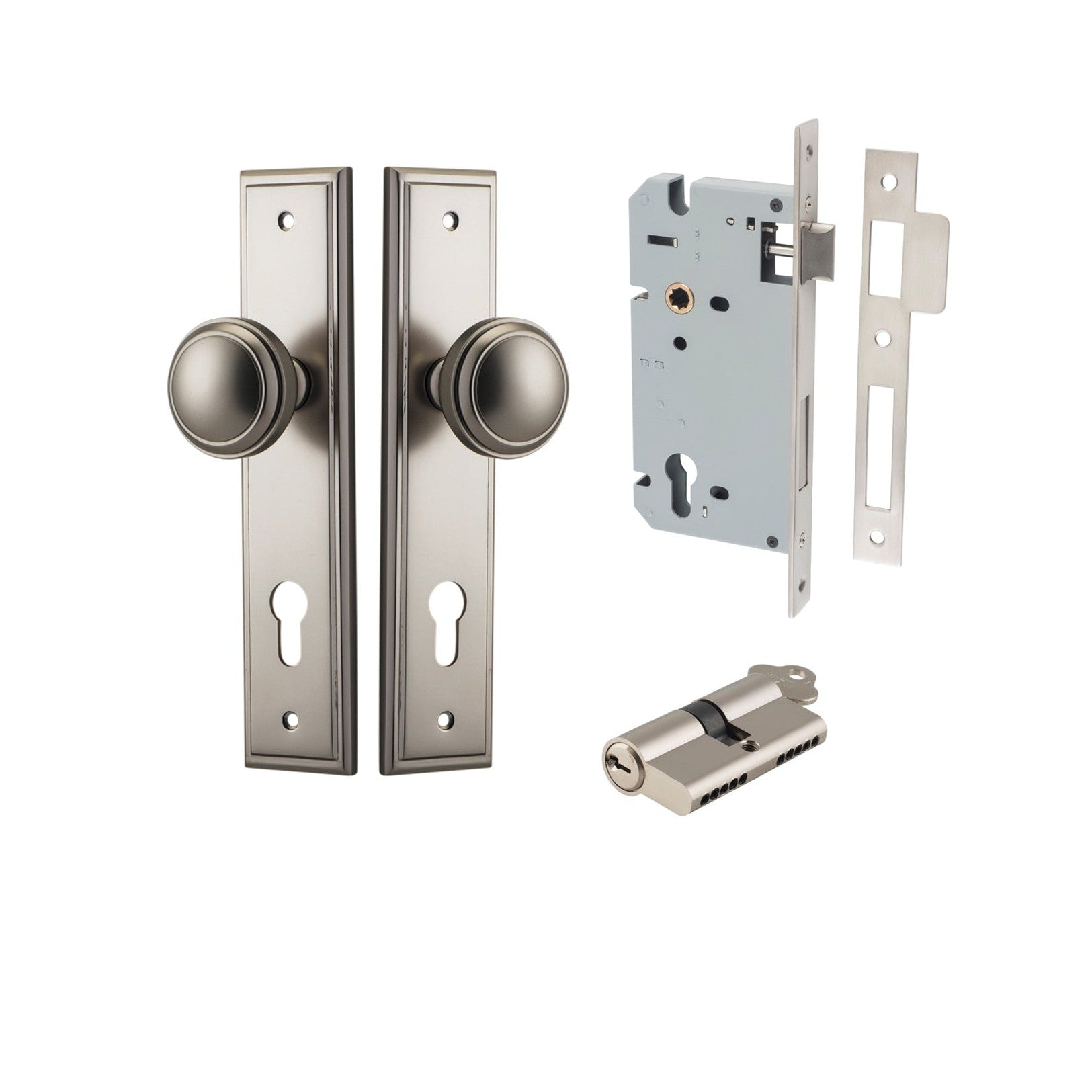 Iver Door Knob Paddington Stepped Euro Key/Key Satin Nickel Entrance Kit