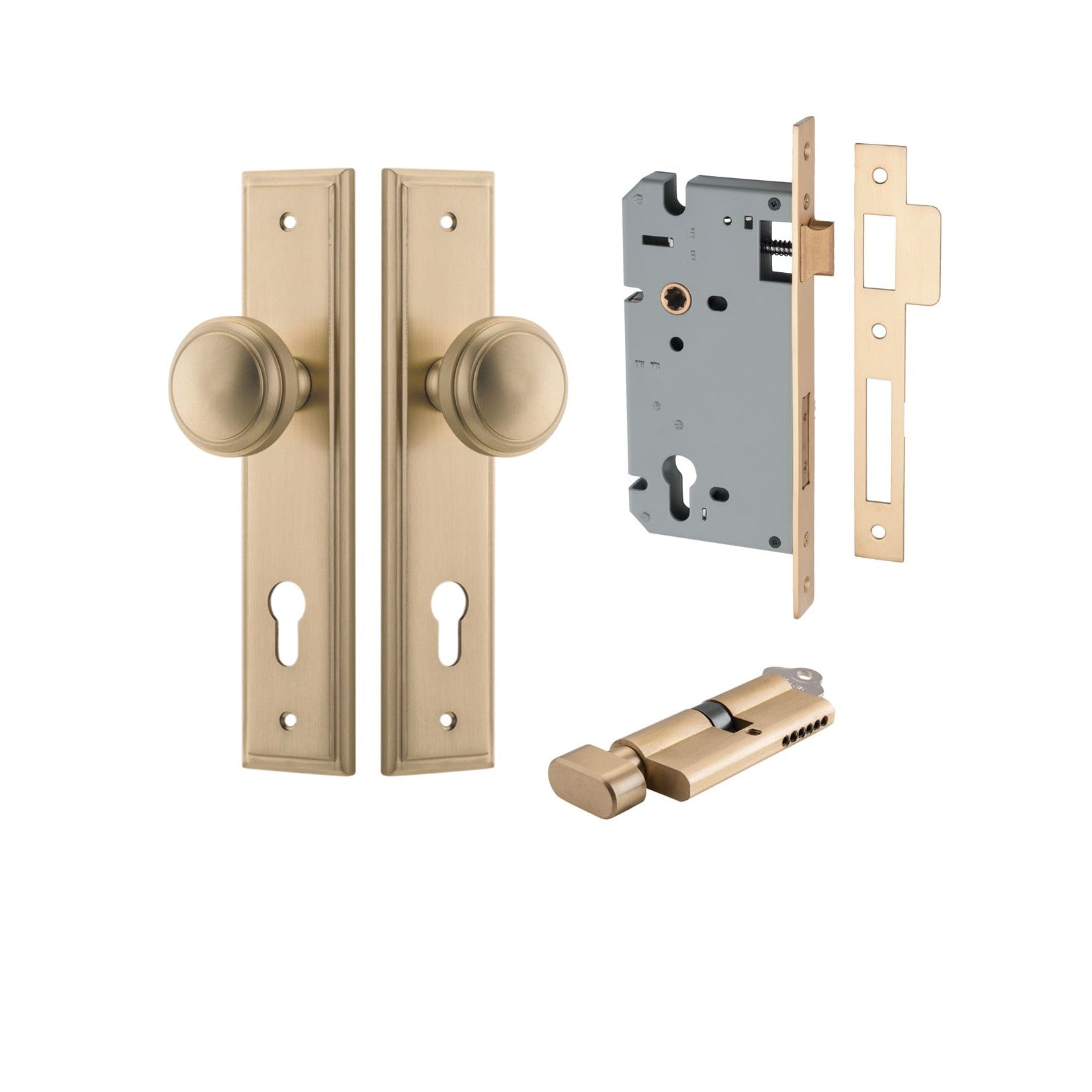 Iver Door Knob Paddington Stepped Euro Key/Thumb Brushed Brass Entrance Kit