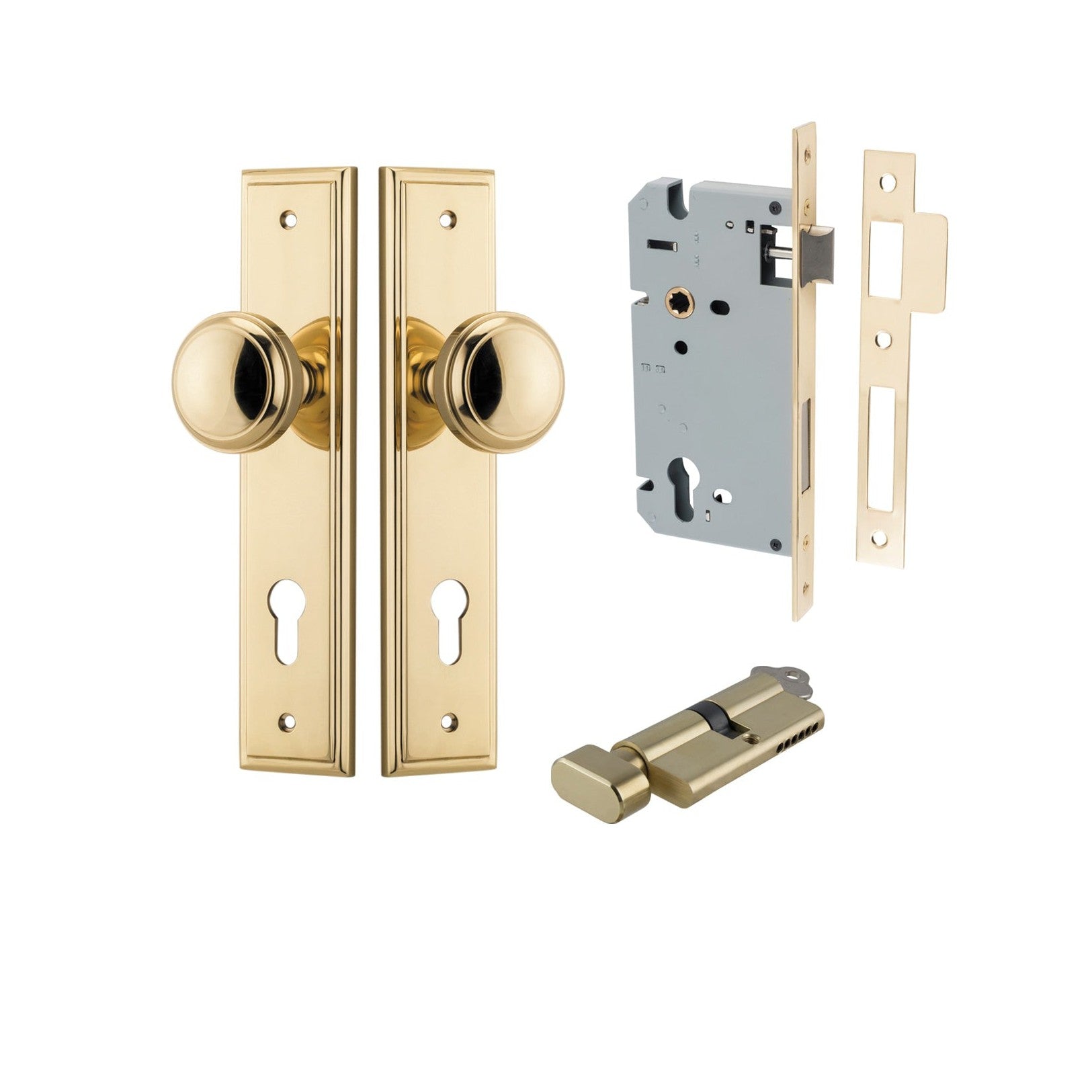 Iver Door Knob Paddington Stepped Euro Key/Thumb Polished Brass Entrance Kit