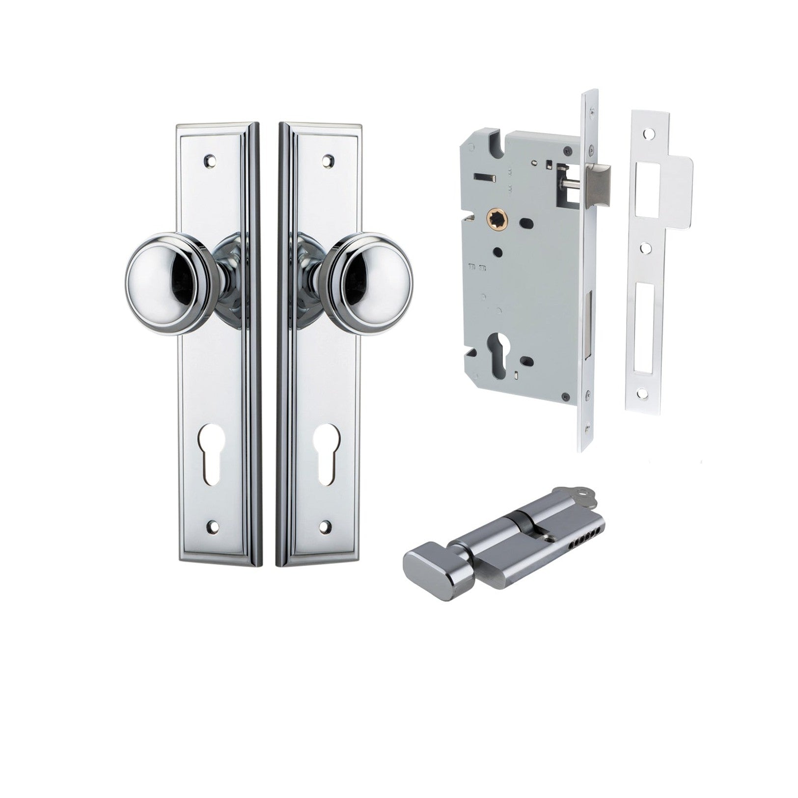 Iver Door Knob Paddington Stepped Euro Key/Thumb Polished Chrome Entrance Kit