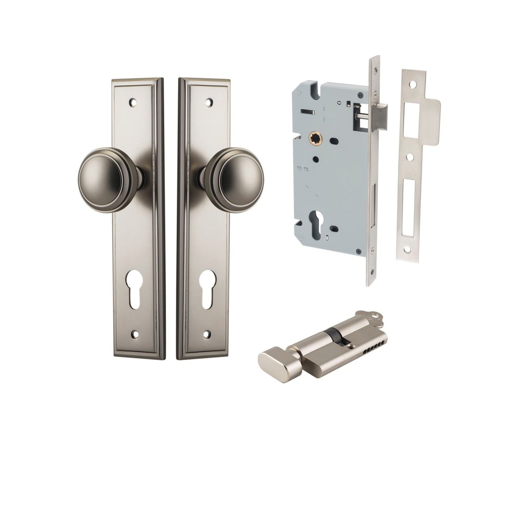 Iver Door Knob Paddington Stepped Euro Key/Thumb Satin Nickel Entrance Kit