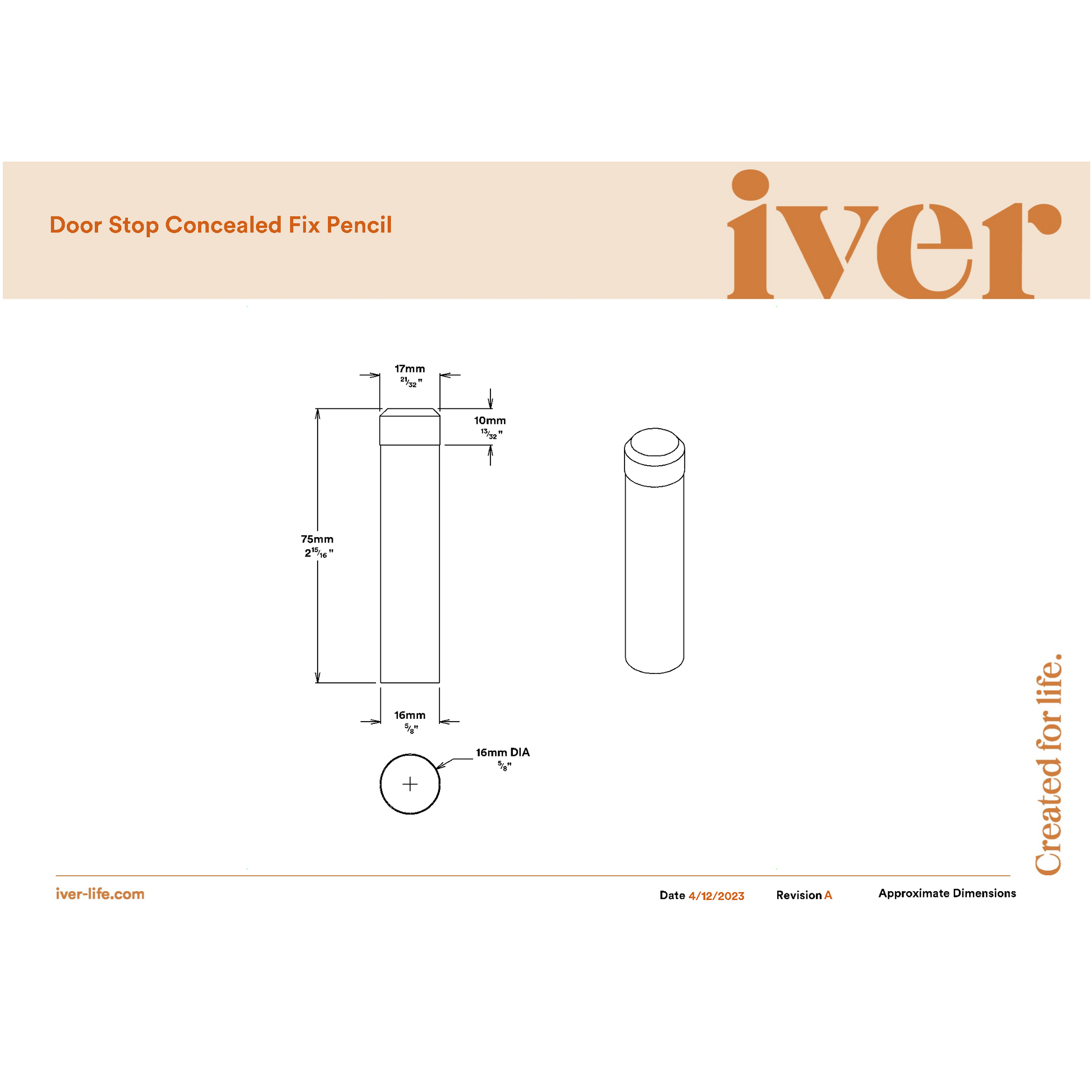 Iver Door Stop Concealed Fix Pencil Brushed Brass D16xP75mm