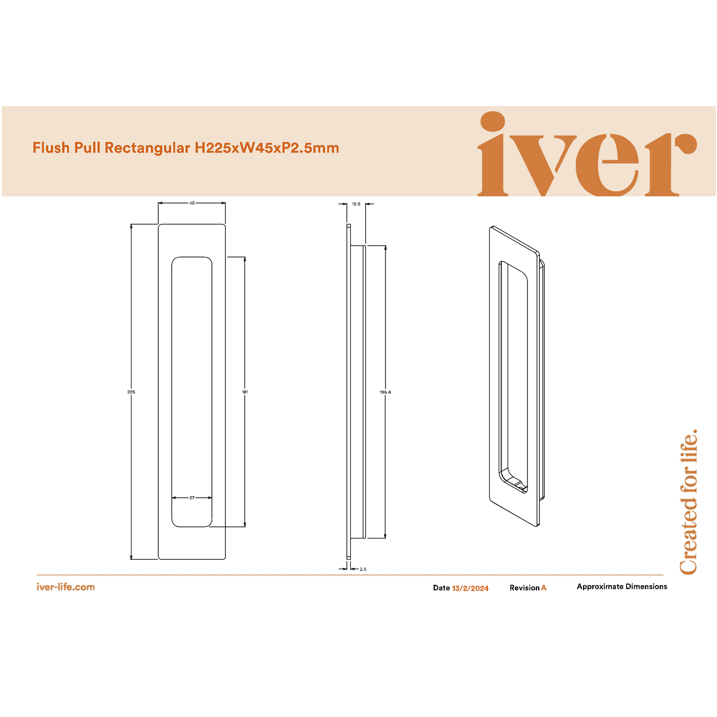 Iver Flush Pull Rectangular Brushed Chrome H225xW45xP2.5mm
