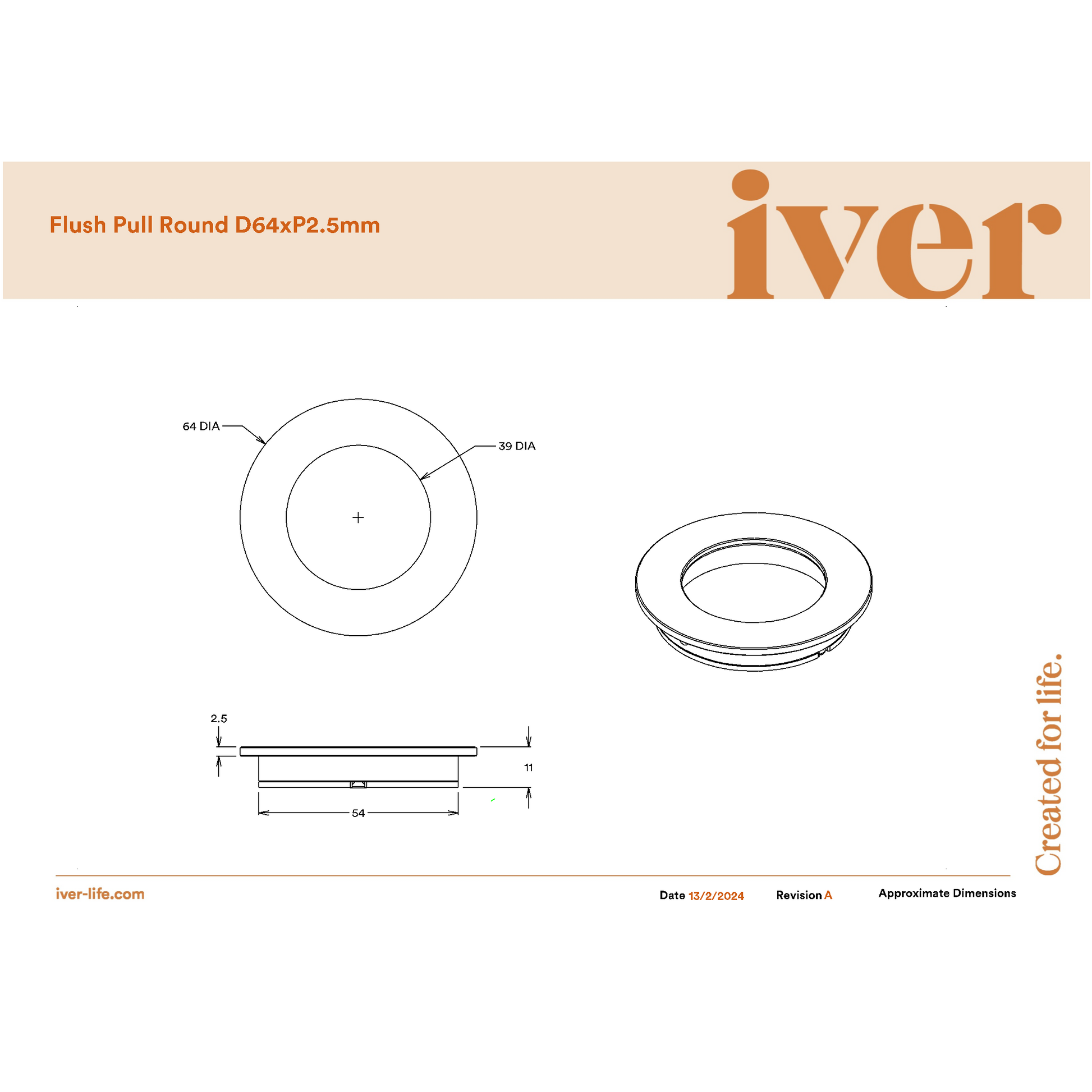 Iver Flush Pull Round Brushed Gold PVD D64xP2.5mm
