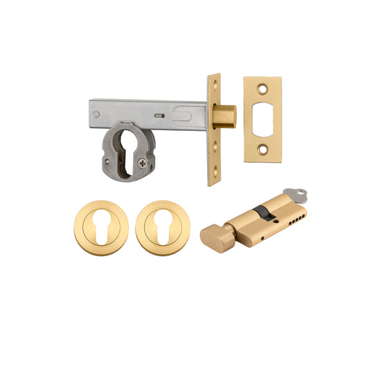 Iver Mortice Deadbolt Euro Brushed Brass Backset 60mm Key/Thumb Escutcheon Round Kit