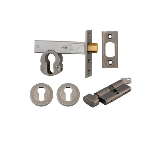 Iver Mortice Deadbolt Euro Distressed Nickel Backset 60mm Key/Thumb Escutcheon Round Kit