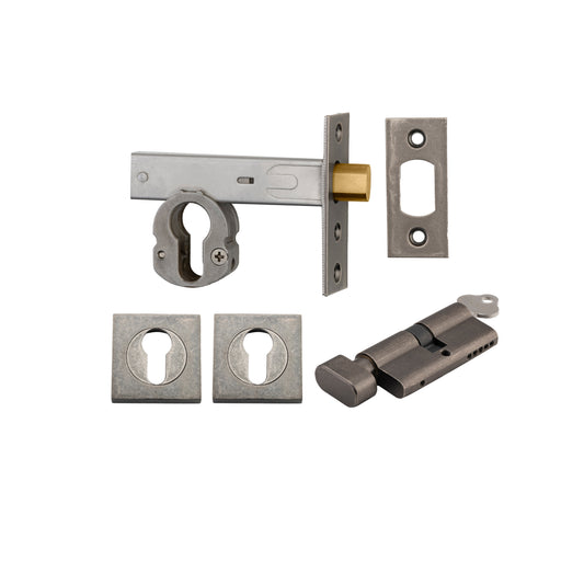 Iver Mortice Deadbolt Euro Distressed Nickel Backset 60mm Key/Thumb Escutcheon Square Kit
