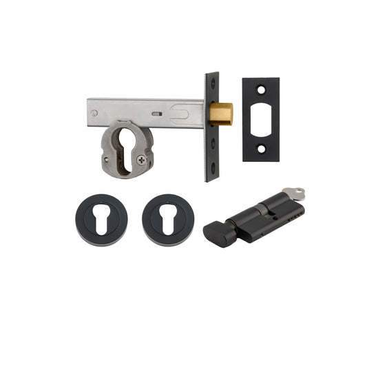 Iver Mortice Deadbolt Euro Matt Black Backset 60mm Key/Thumb Escutcheon Round Kit