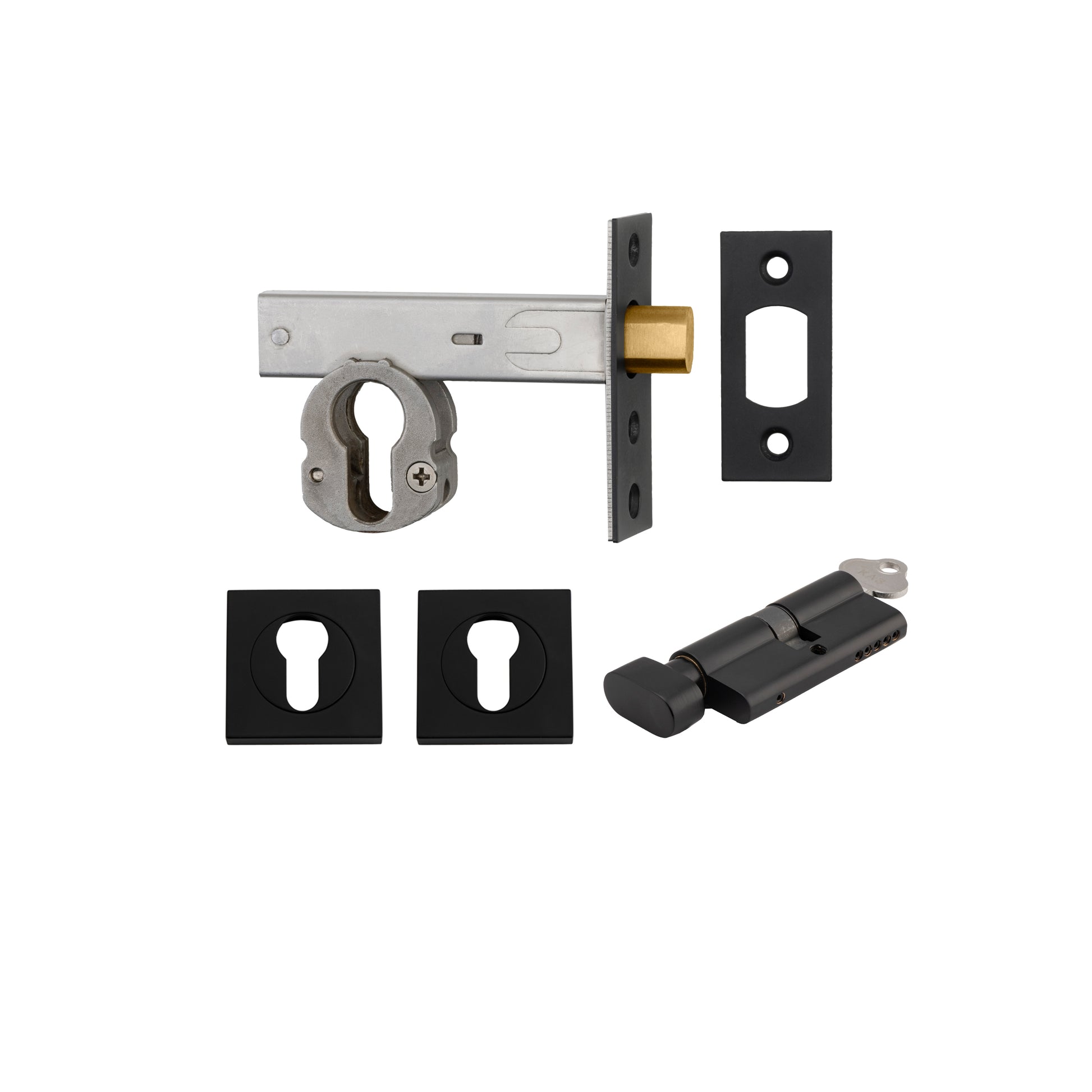 Iver Mortice Deadbolt Euro Matt Black Backset 60mm Key/Thumb Escutcheon Square Kit