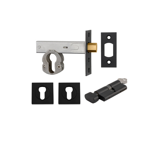 Iver Mortice Deadbolt Euro Matt Black Backset 60mm Key/Thumb Escutcheon Square Kit