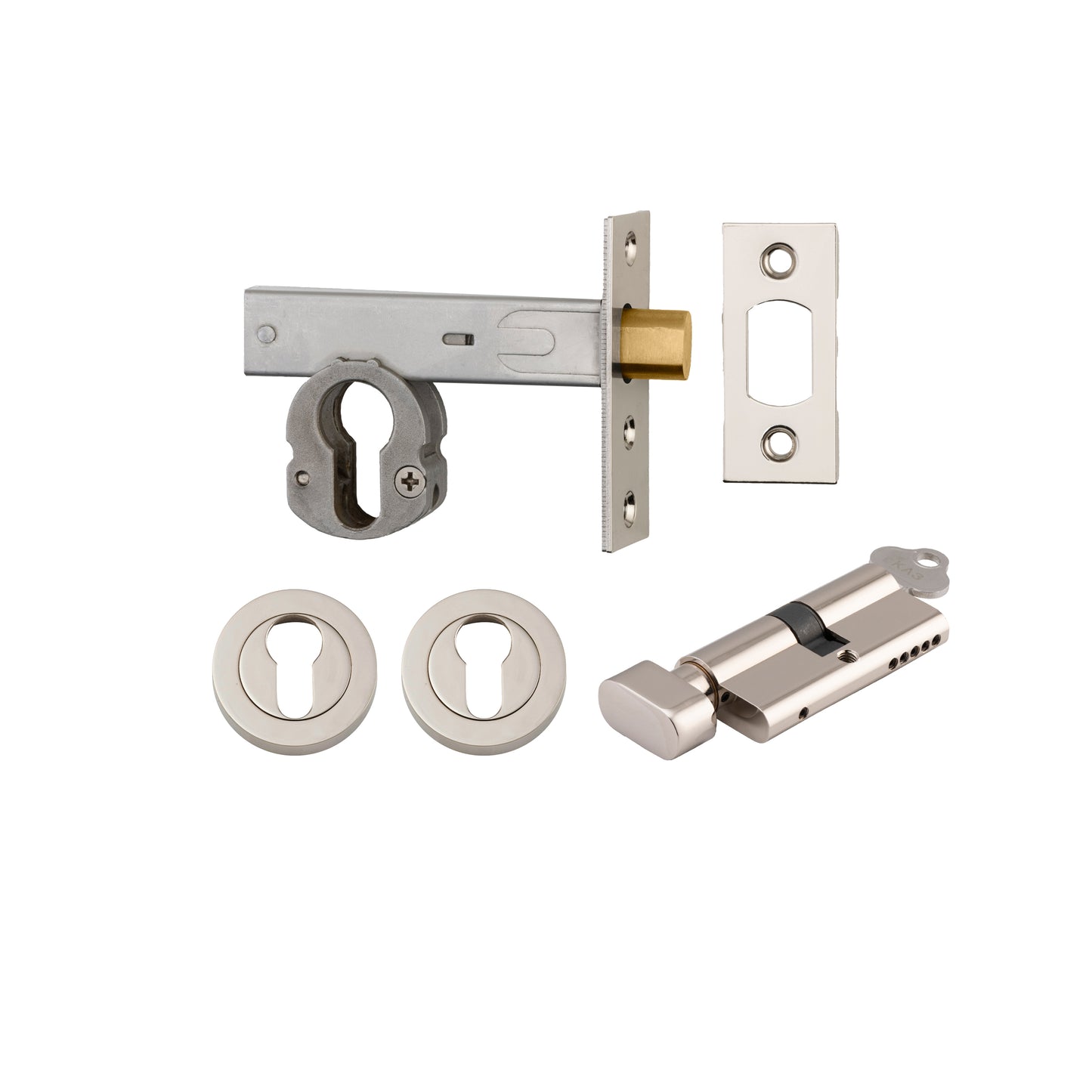 Iver Mortice Deadbolt Euro Polished Nickel Backset 60mm Key/Thumb Escutcheon Round Kit