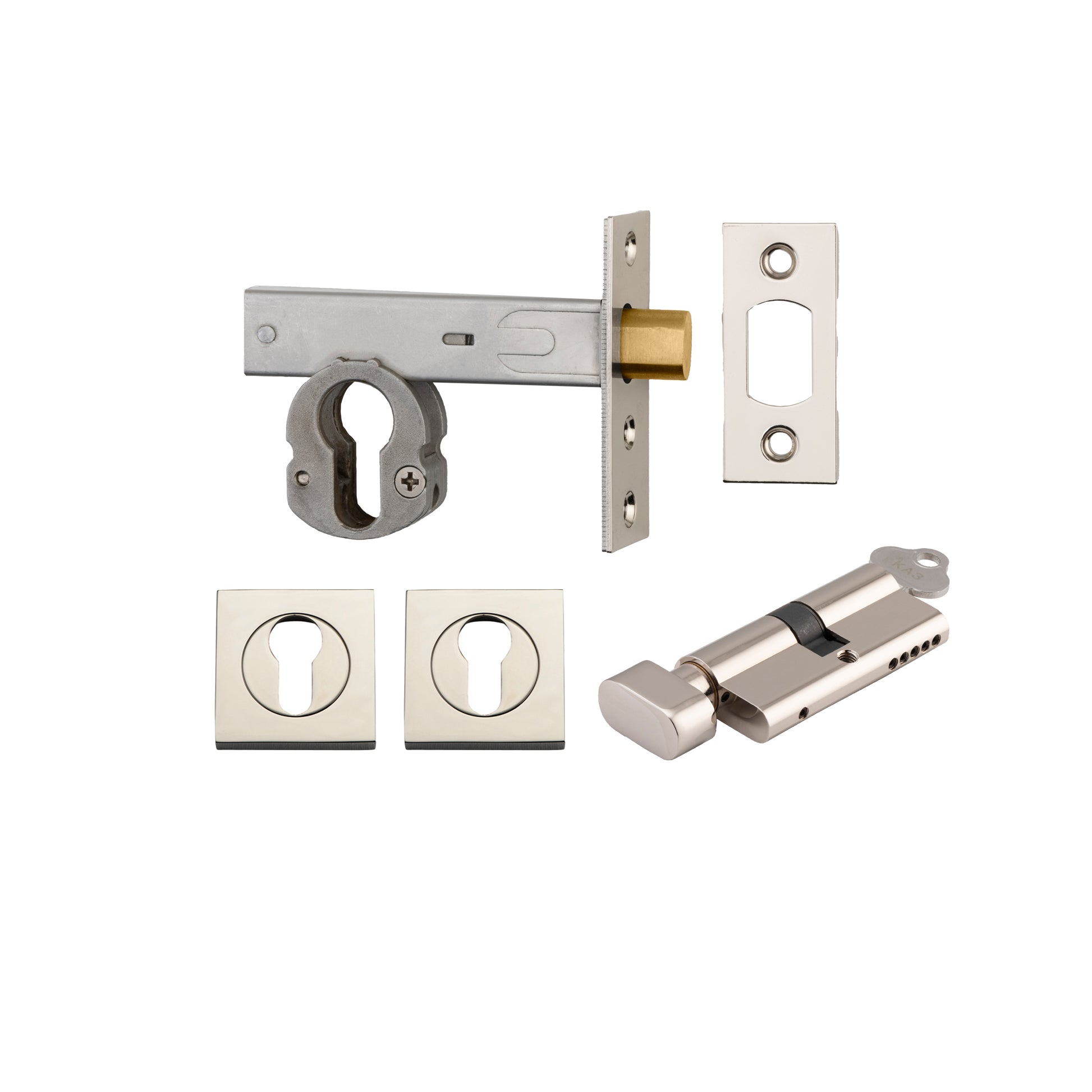 Iver Mortice Deadbolt Euro Polished Nickel Backset 60mm Key/Thumb Escutcheon Square Kit