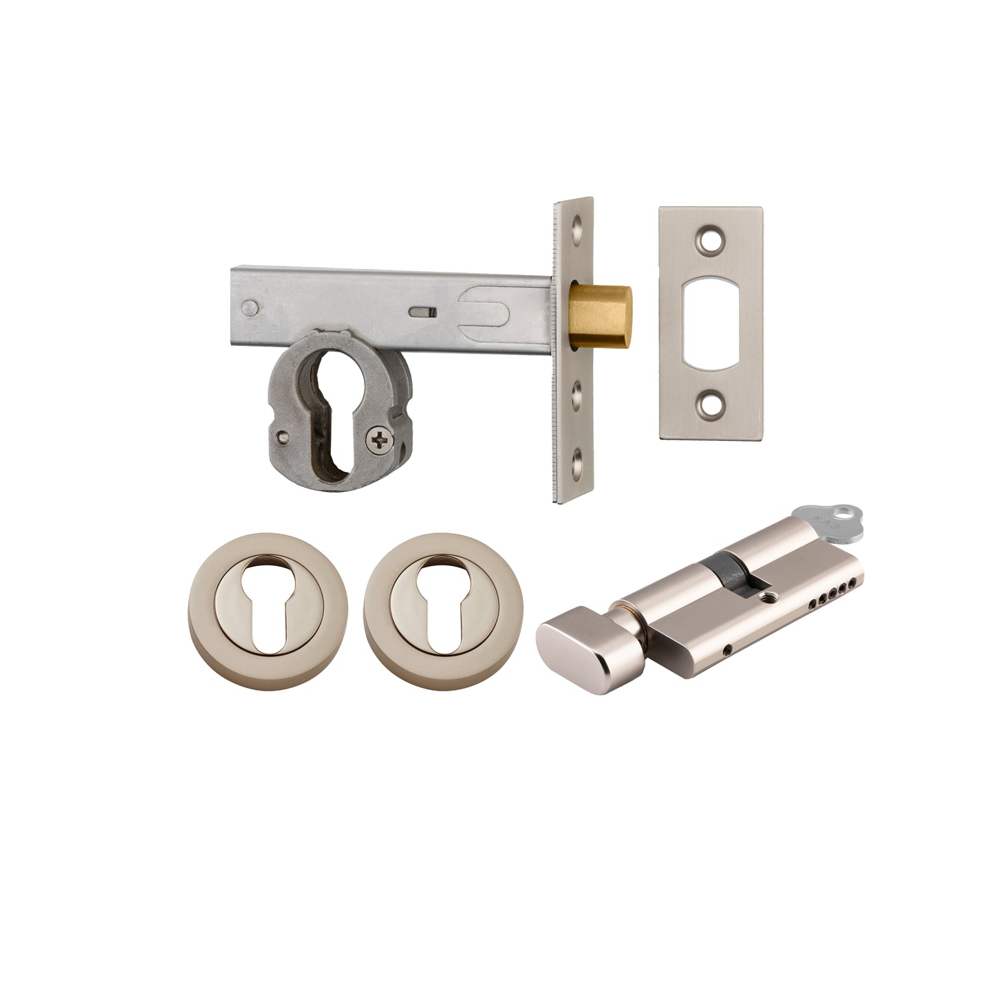 Iver Mortice Deadbolt Euro Satin Nickel Backset 60mm Key/Thumb Escutcheon Round Kit